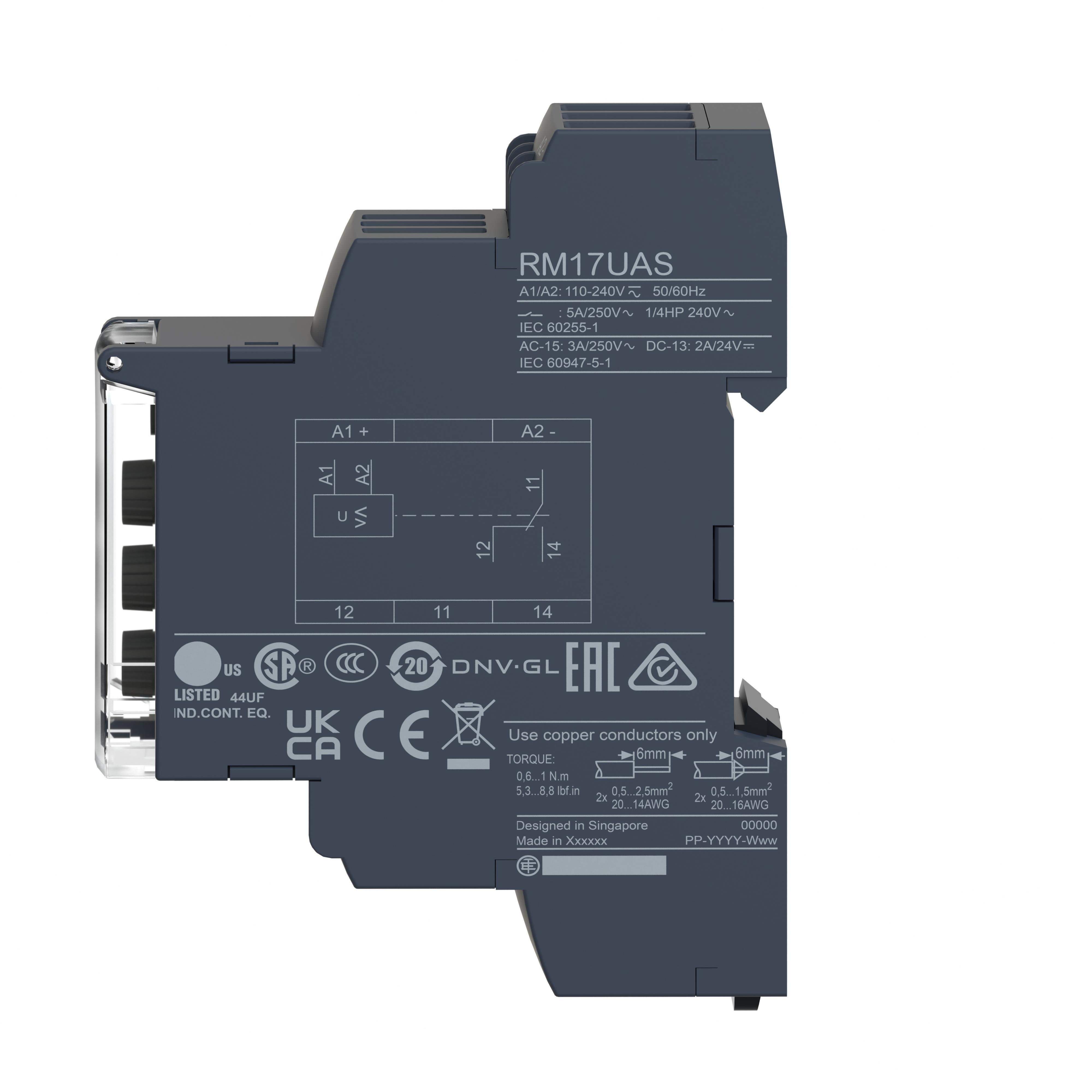 Picture of RM17UAS15 - voltage control relay, Harmony Control Relays, 5A, 1CO, 65...260V AC DC