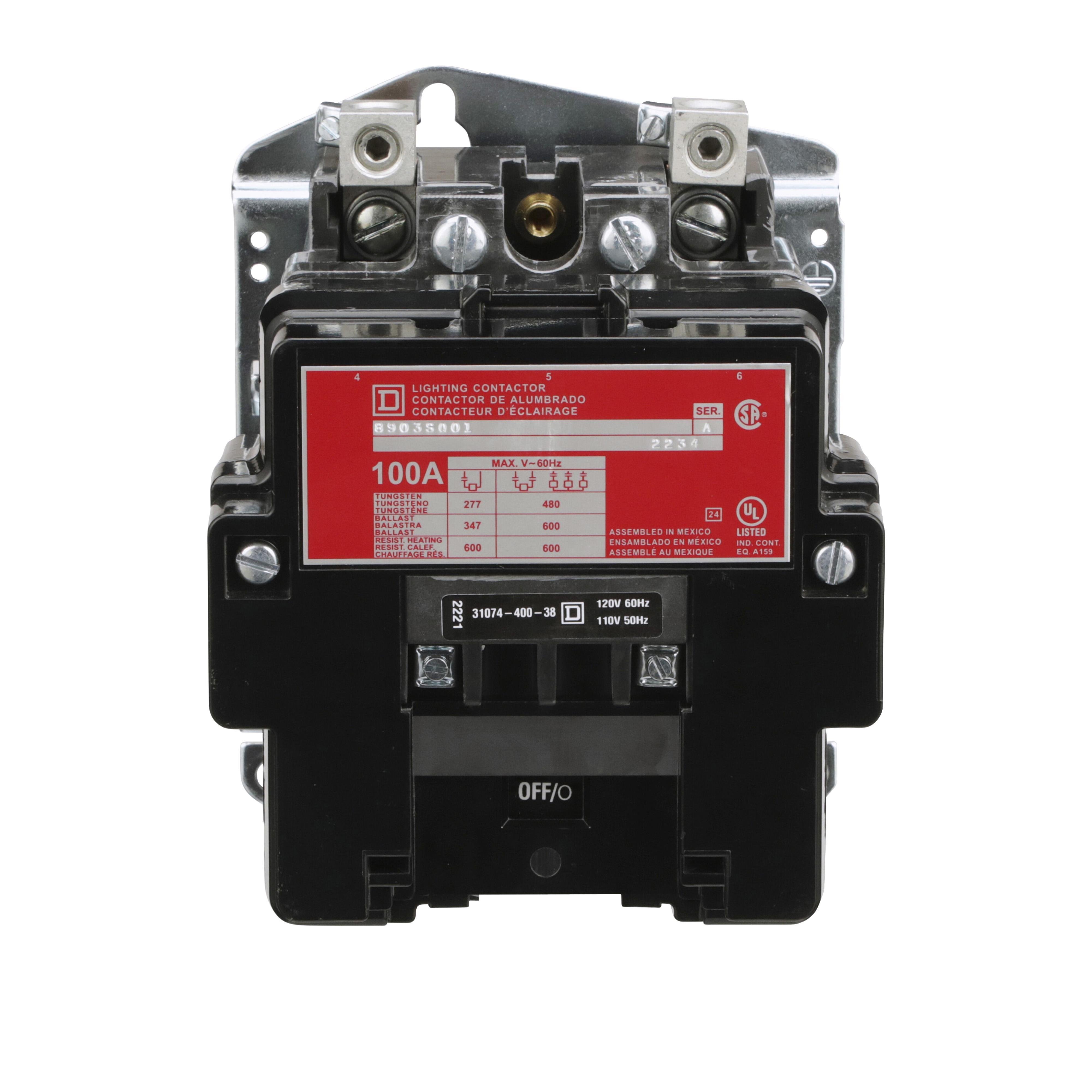 8903SQO1V02 - Contactor, Type S, multipole lighting, electrically held, 100A, 2 pole, open, 120/100VAC 60/50Hz coil [TAA]