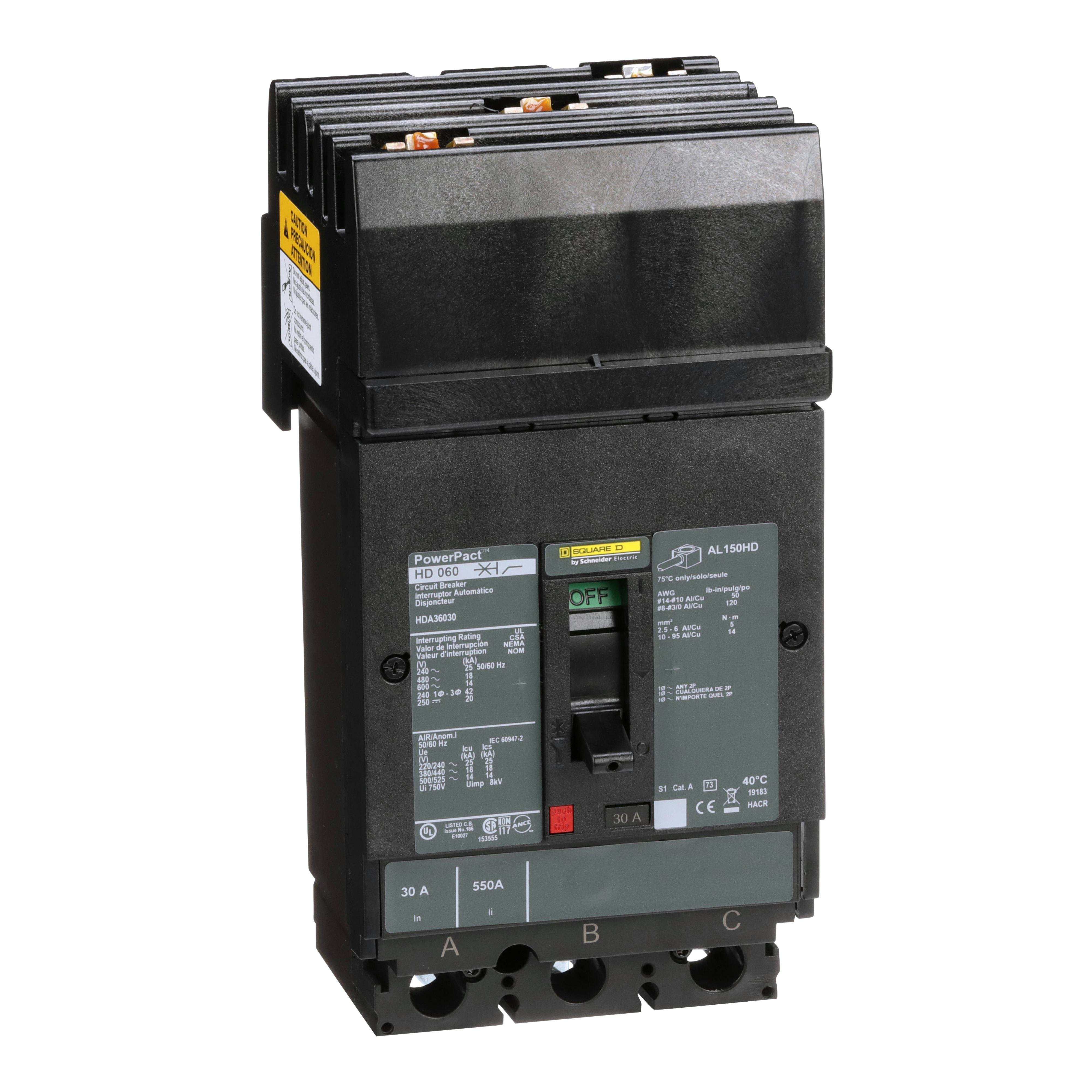 HDA36030 - Circuit breaker, PowerPacT H, 30A, 3 pole, 600VAC, 14kA, I-Line, thermal magnetic, 80%, ABC