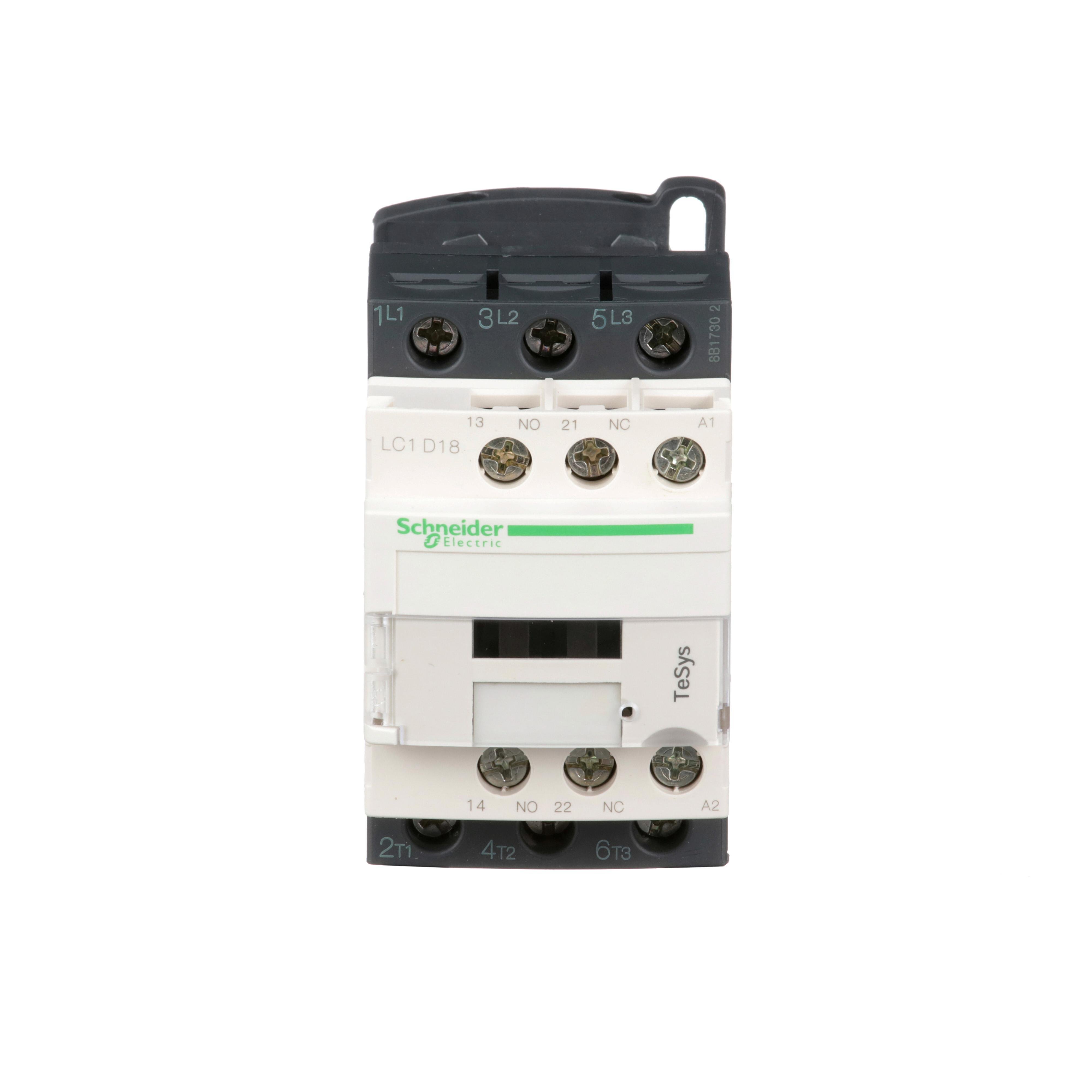 LC1D18B7 - IEC contactor, TeSys Deca, nonreversing, 18A, 10HP at 480VAC, up to 100kA SCCR, 3 phase, 3 NO, 24VAC 50/60Hz coil, open
