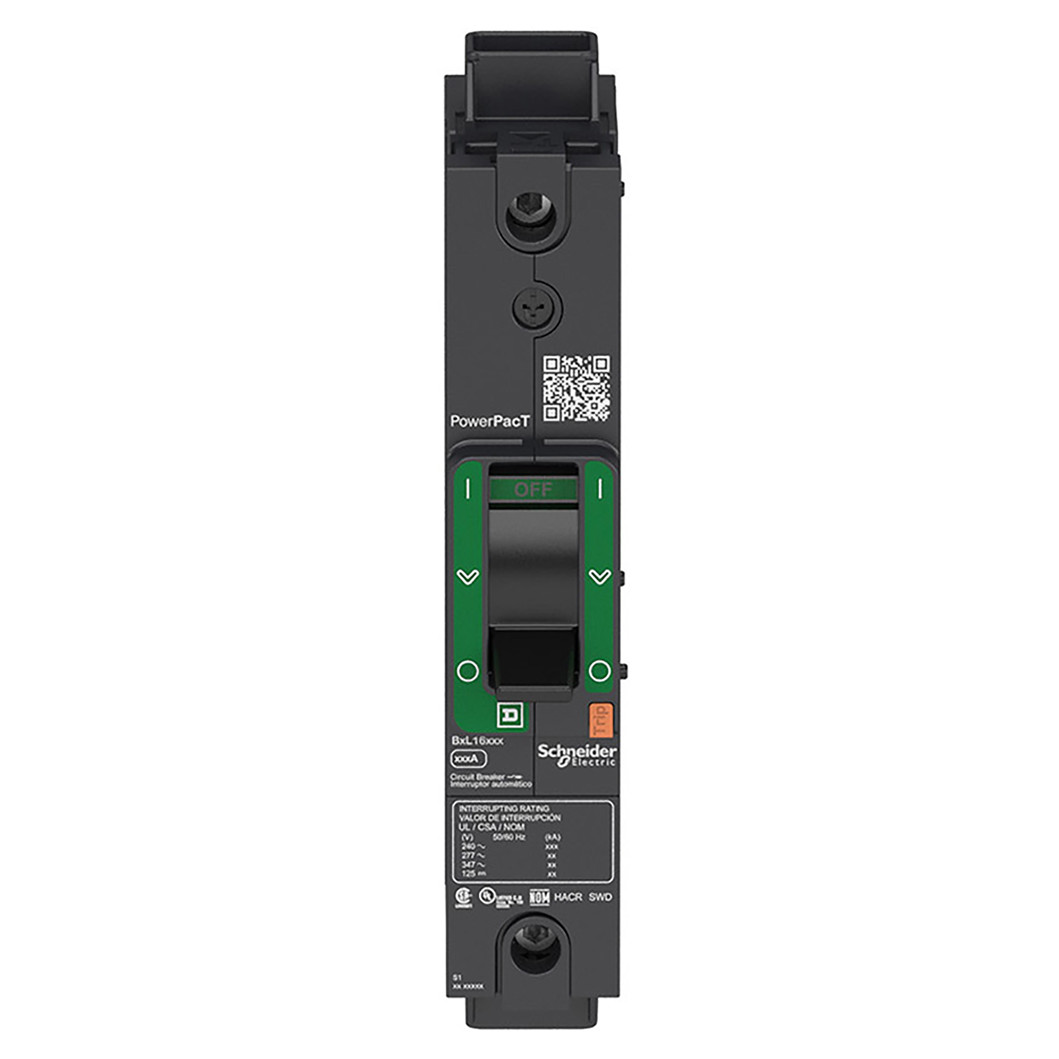 Picture of BJL16020 - Circuit breaker, PowerPacT B, 20A, 1 pole, 600Y/347VAC, 25kA, lugs, thermal magnetic, 80%