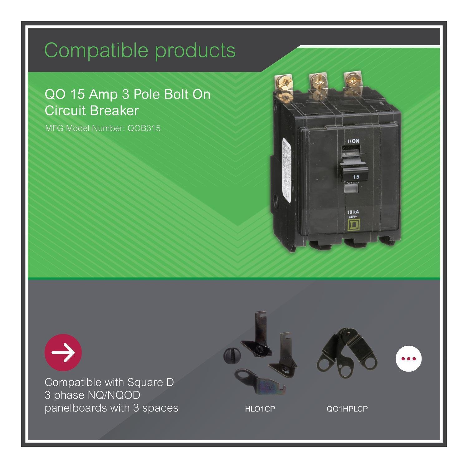 Picture of QOB315 - Mini circuit breaker, QO, 15A, 3 pole, 120/240VAC, 10kA, bolt on