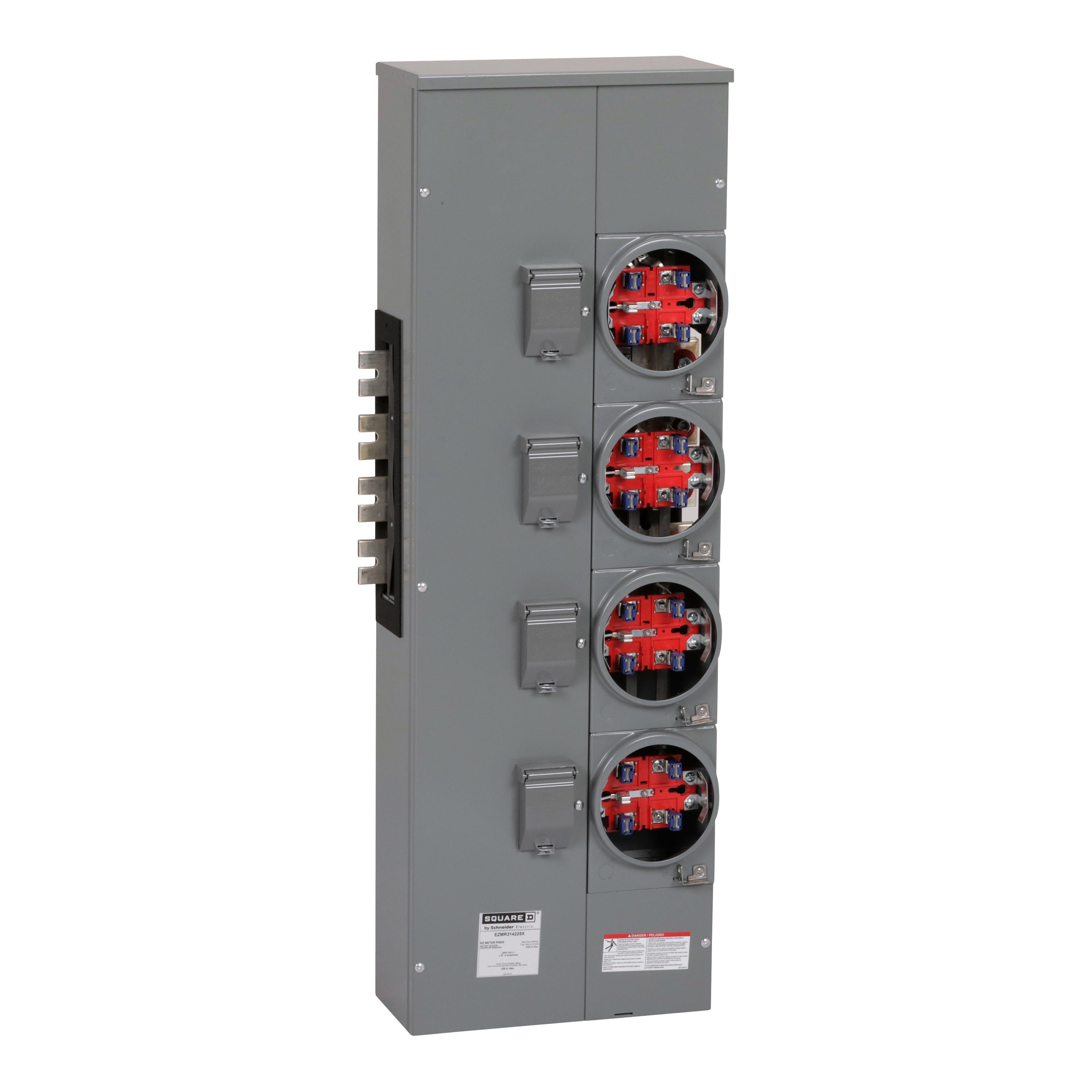 EZMH114225 - Branch unit, EZ Meter-Pak, 225A, 4 x 5 jaw sockets, 120/240VAC, horn bypass, ringless, 800A Al busbar