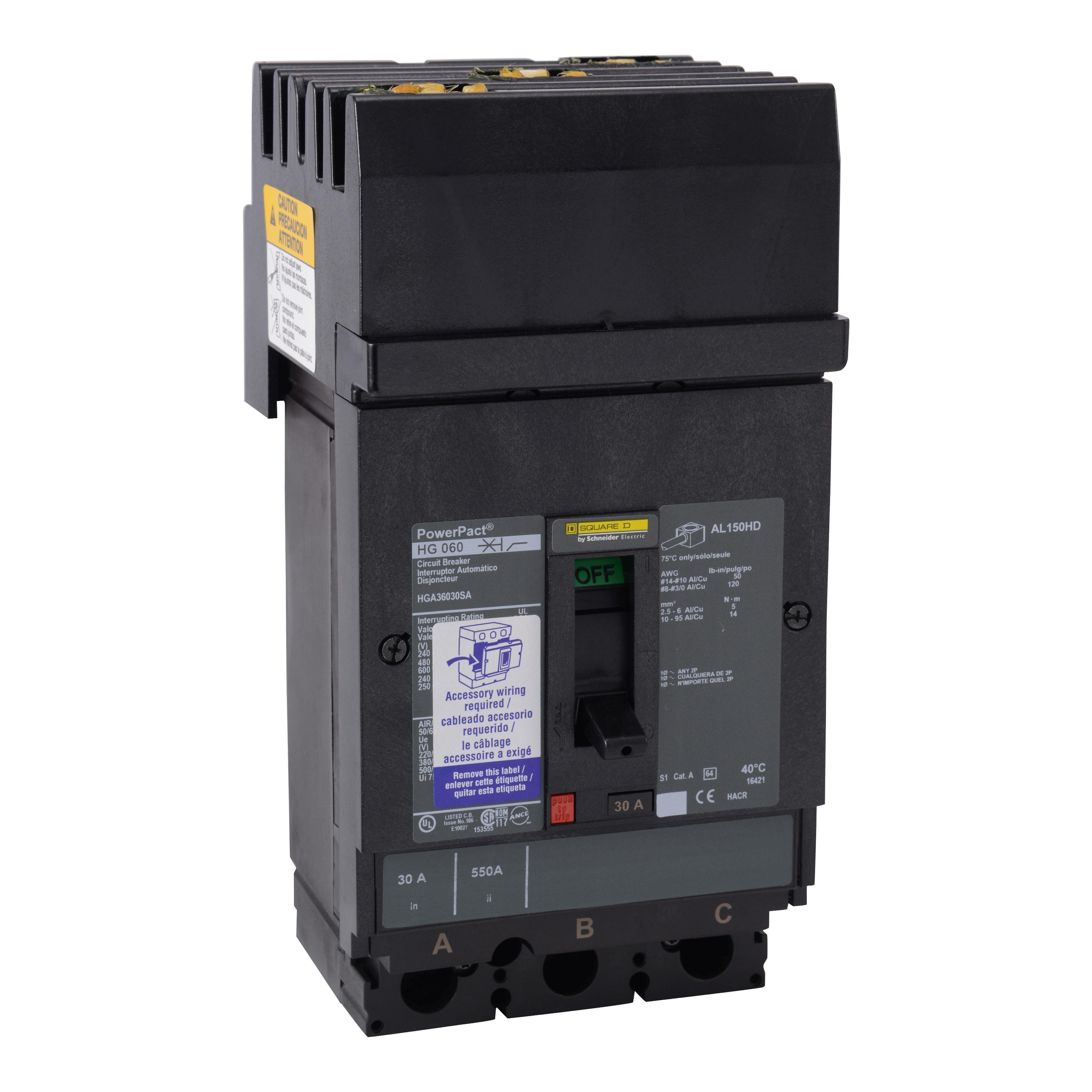 HGA36035 - Circuit breaker, PowerPacT H, 35A, 3 pole, 600VAC, 18kA, I-Line, thermal magnetic, 80%, ABC