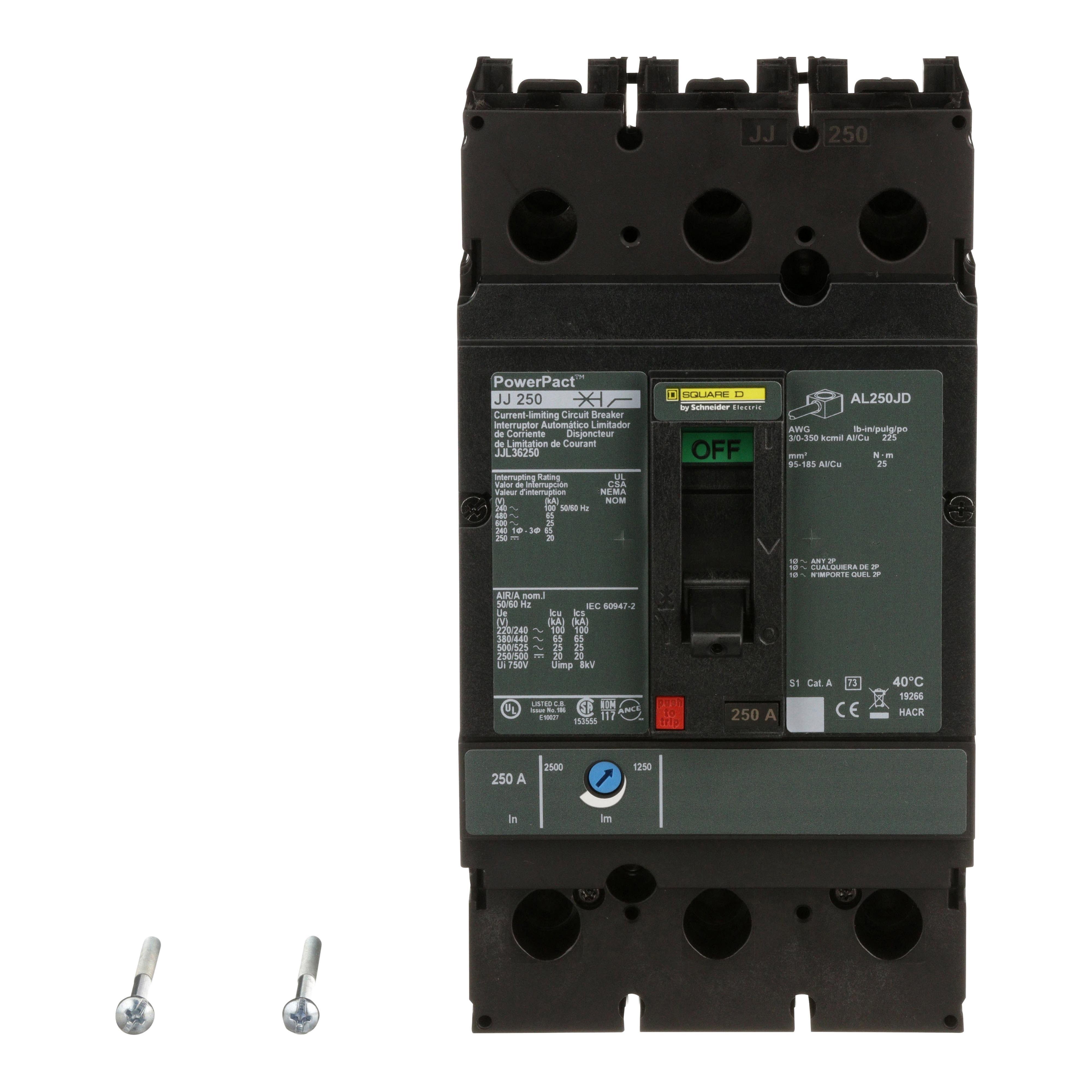 Picture of JJL36250 - Circuit breaker, PowerPacT J, 250A, 3 pole, 600VAC, 25kA, lugs, thermal magnetic, 80%