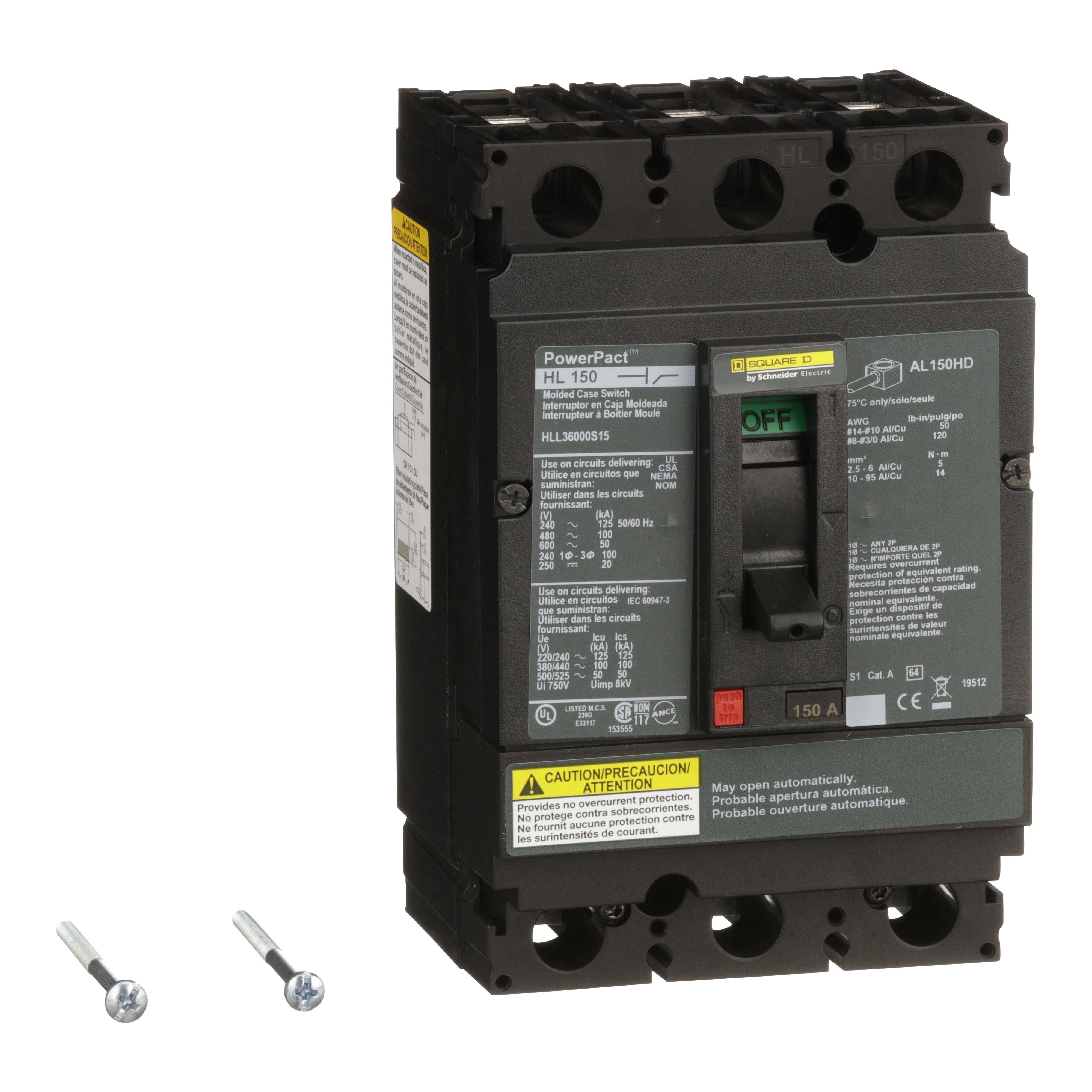 Picture of HLL36000S15 - Automatic switch, PowerPacT H, 150A, 3 pole, 600VAC, 50kA, lugs, magnetic