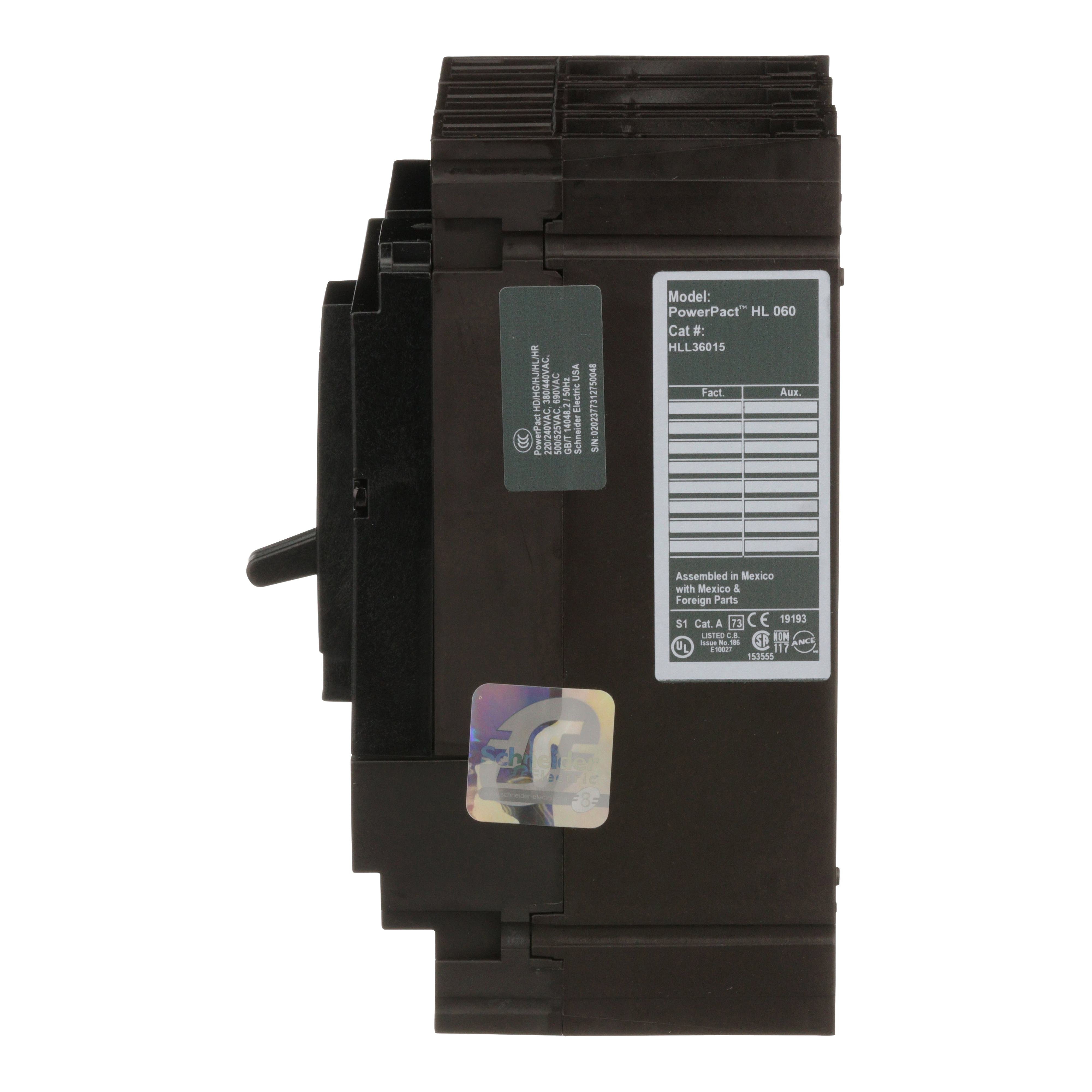 Picture of HLL36015 - Circuit breaker, PowerPacT H, 15A, 3 pole, 600VAC, 50kA, lugs, thermal magnetic, 80%