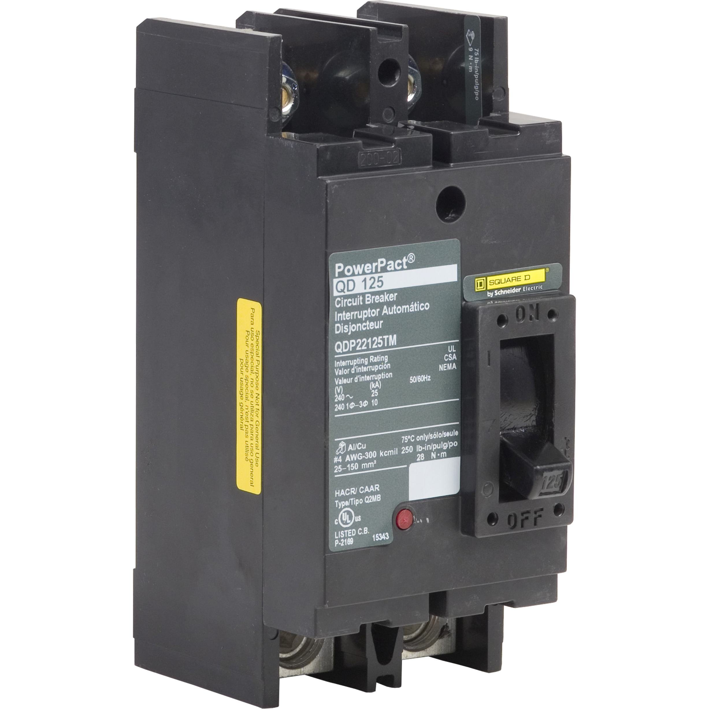 QDP22125TM - Circuit breaker, PowerPacT Q, 125A, 2 pole, 240VAC, 25kA, lugs, thermal magnetic, 80%, bottom of panel