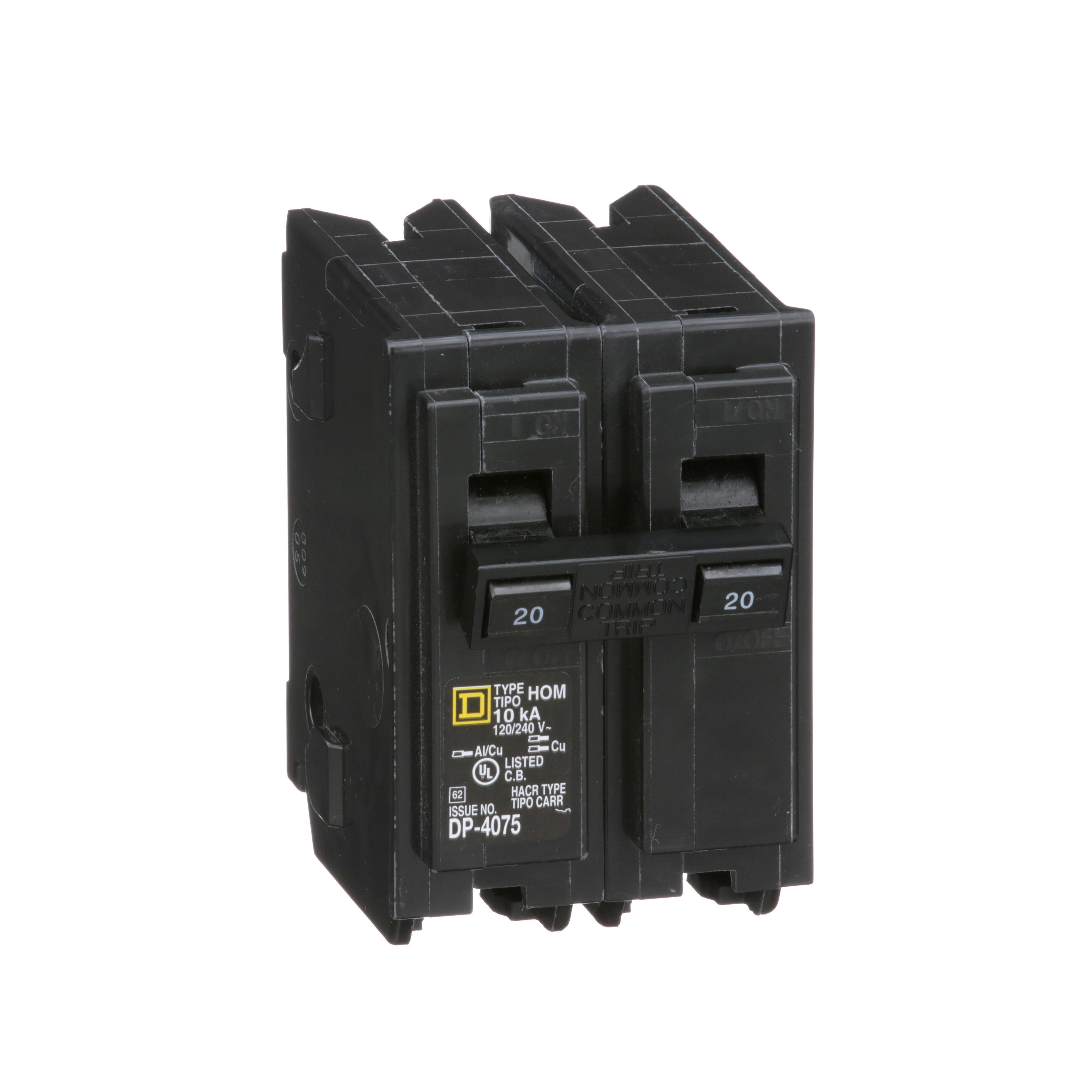 HOM220 - Mini circuit breaker, Homeline, 20A, 2 pole, 120/240VAC, 10kA AIR, standard type, plug in, UL