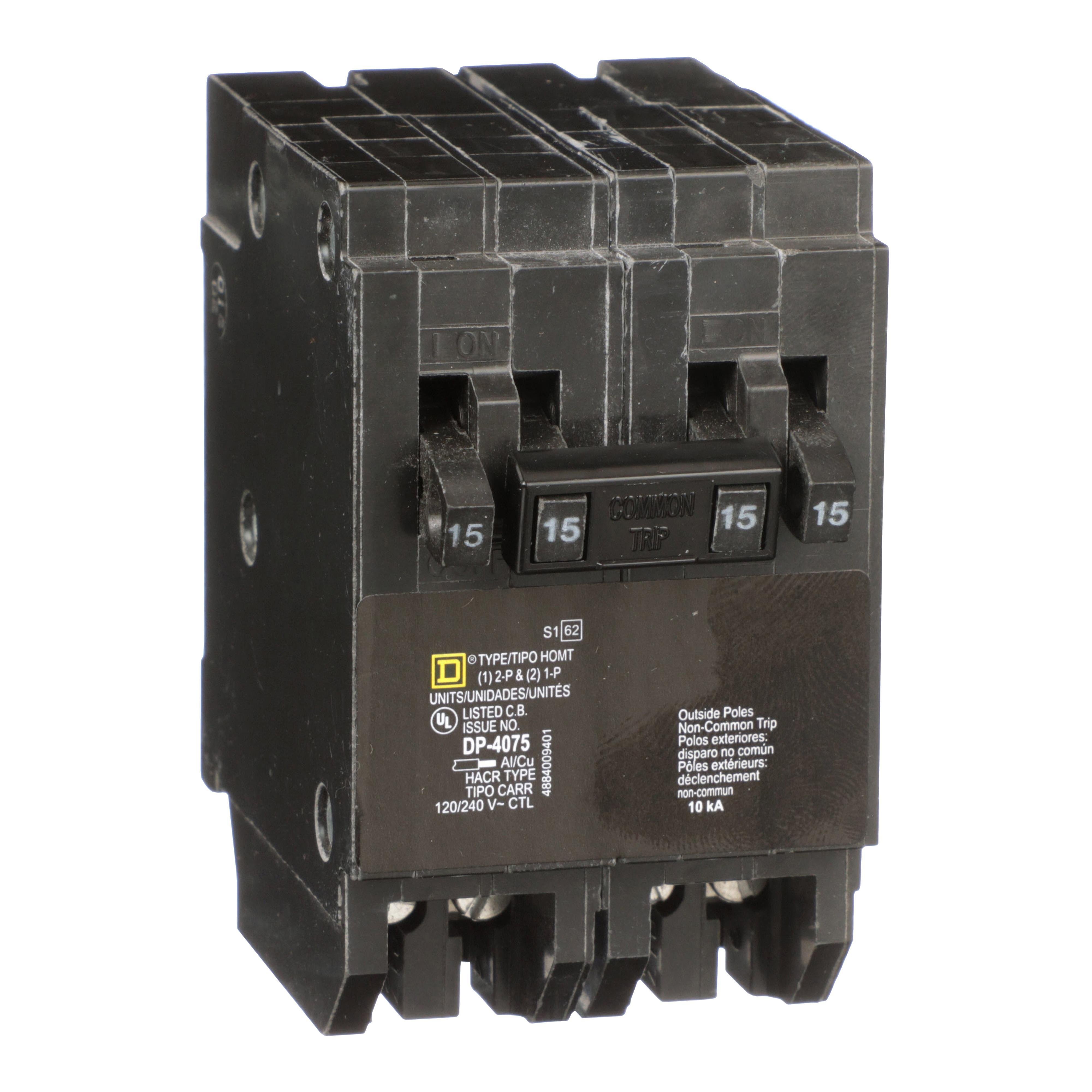 HOMT1515220 - Tandem circuit breaker, Homeline, 2 x 1 pole at 15A, 1 x 2 pole at 20A, 120/240VAC, 10kA AIR, plug in, UL