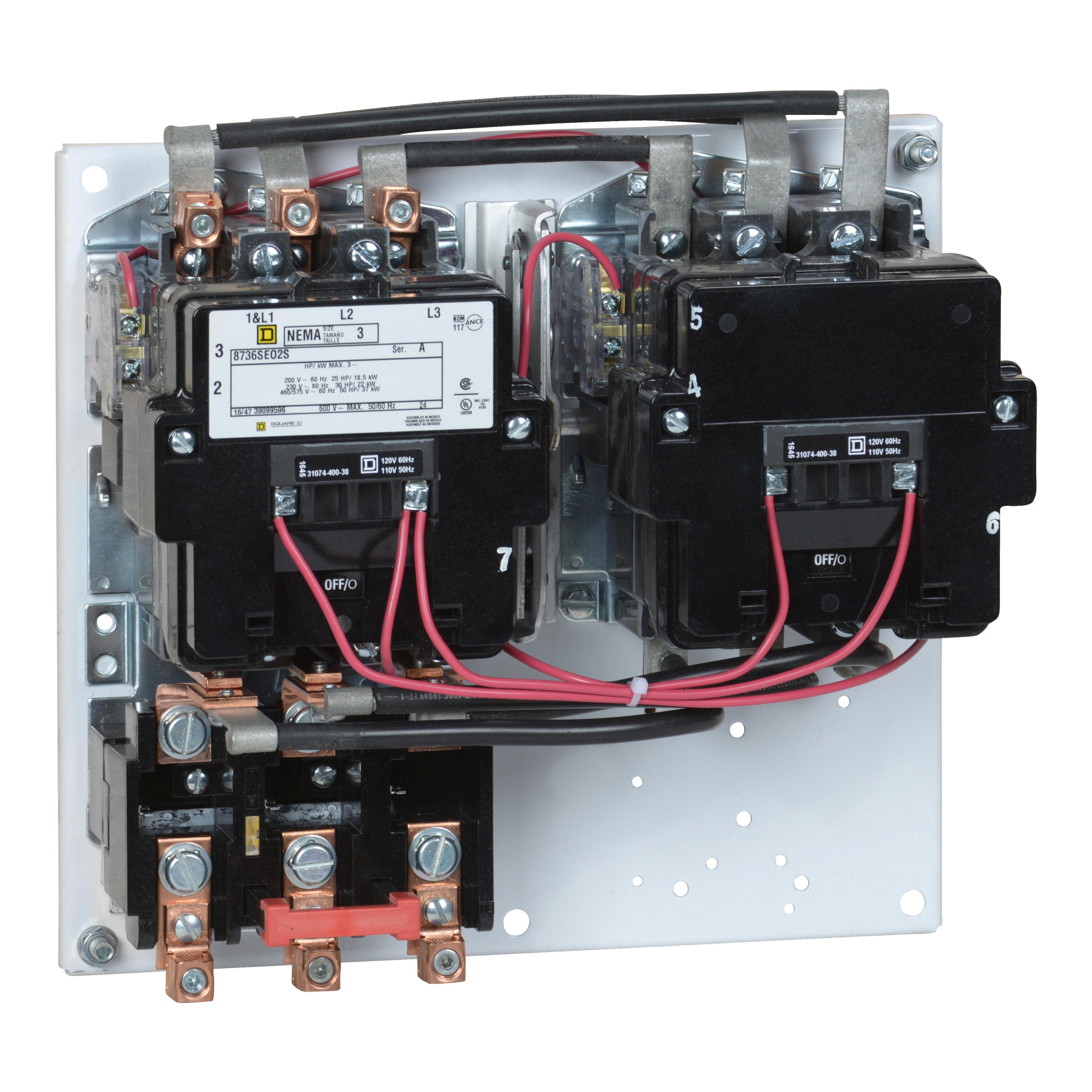 8736SEO2V02S - NEMA starter, Type S, reversing, horizontal, Size 3, 90A, 50HP at 575VAC, 5kA SSCR, 3 phase, 3 pole, melting alloy overload, 120VAC coil, open [TAA]