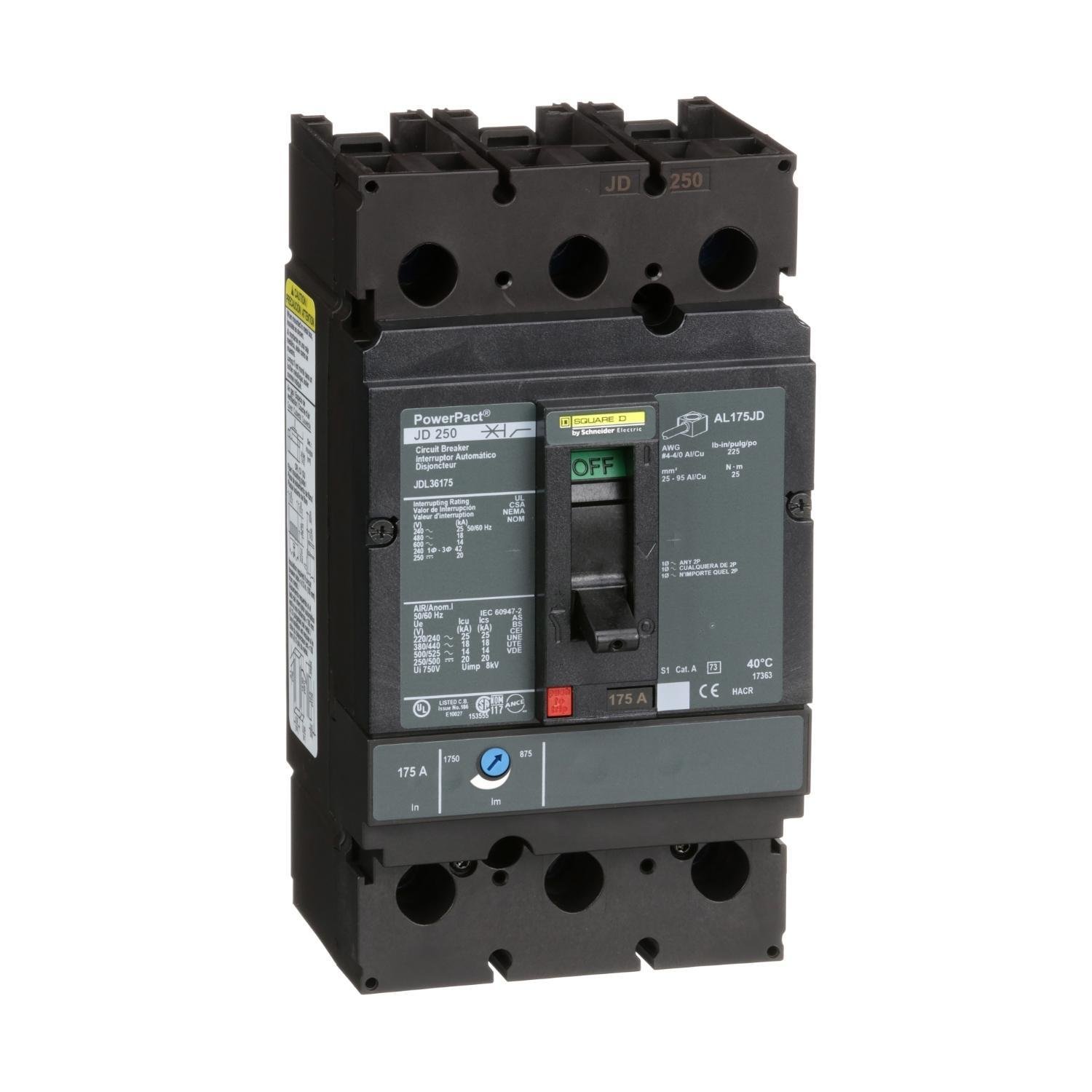 JDL36175 - Circuit breaker, PowerPacT J, 175A, 3 pole, 600VAC, 14kA, lugs, thermal magnetic, 80%