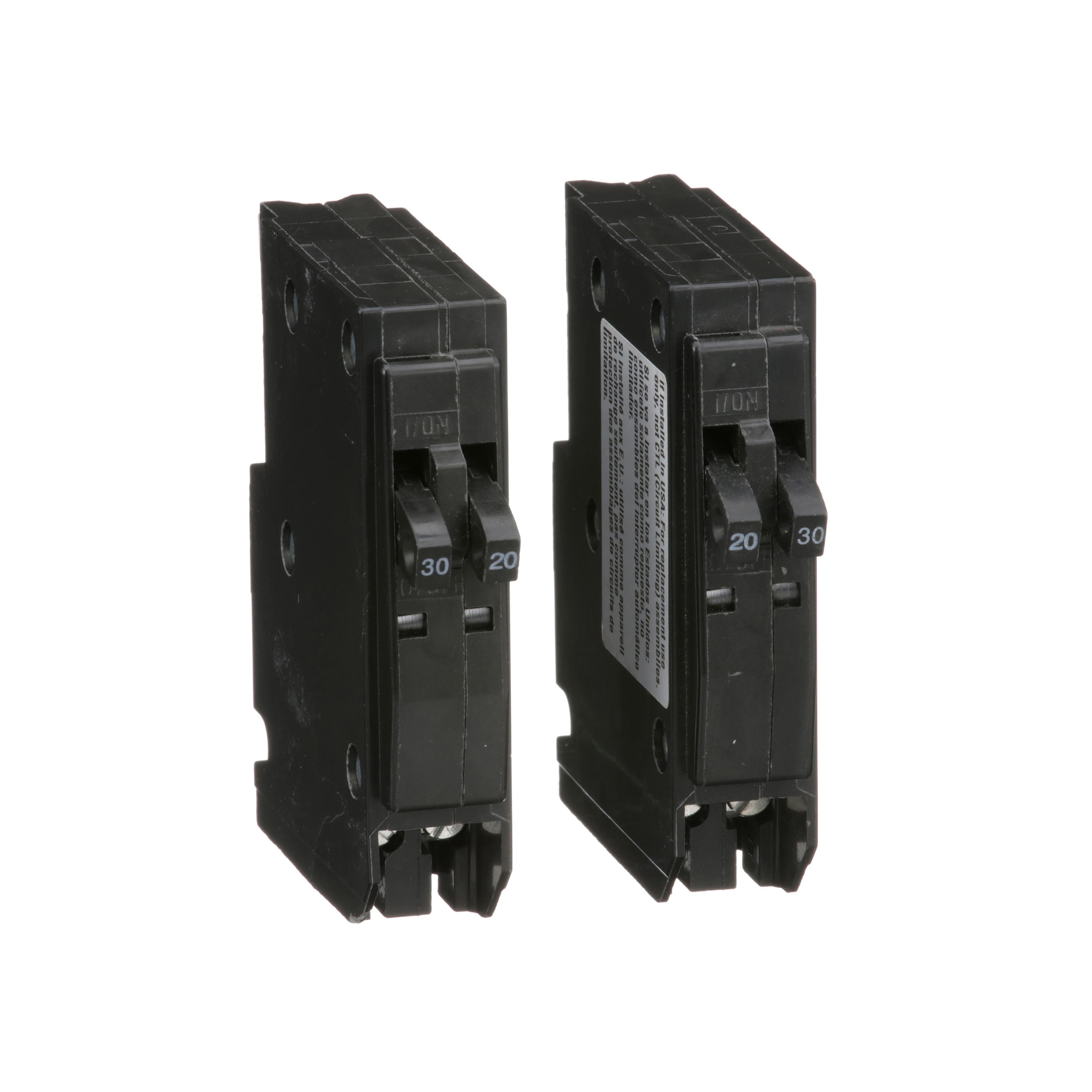 QO20303020 - Tandem mini circuit breaker, QO, 2 x 1 pole at 20A, 2 x 1 pole at 30A, 120/240VAC, 10kA, plug in