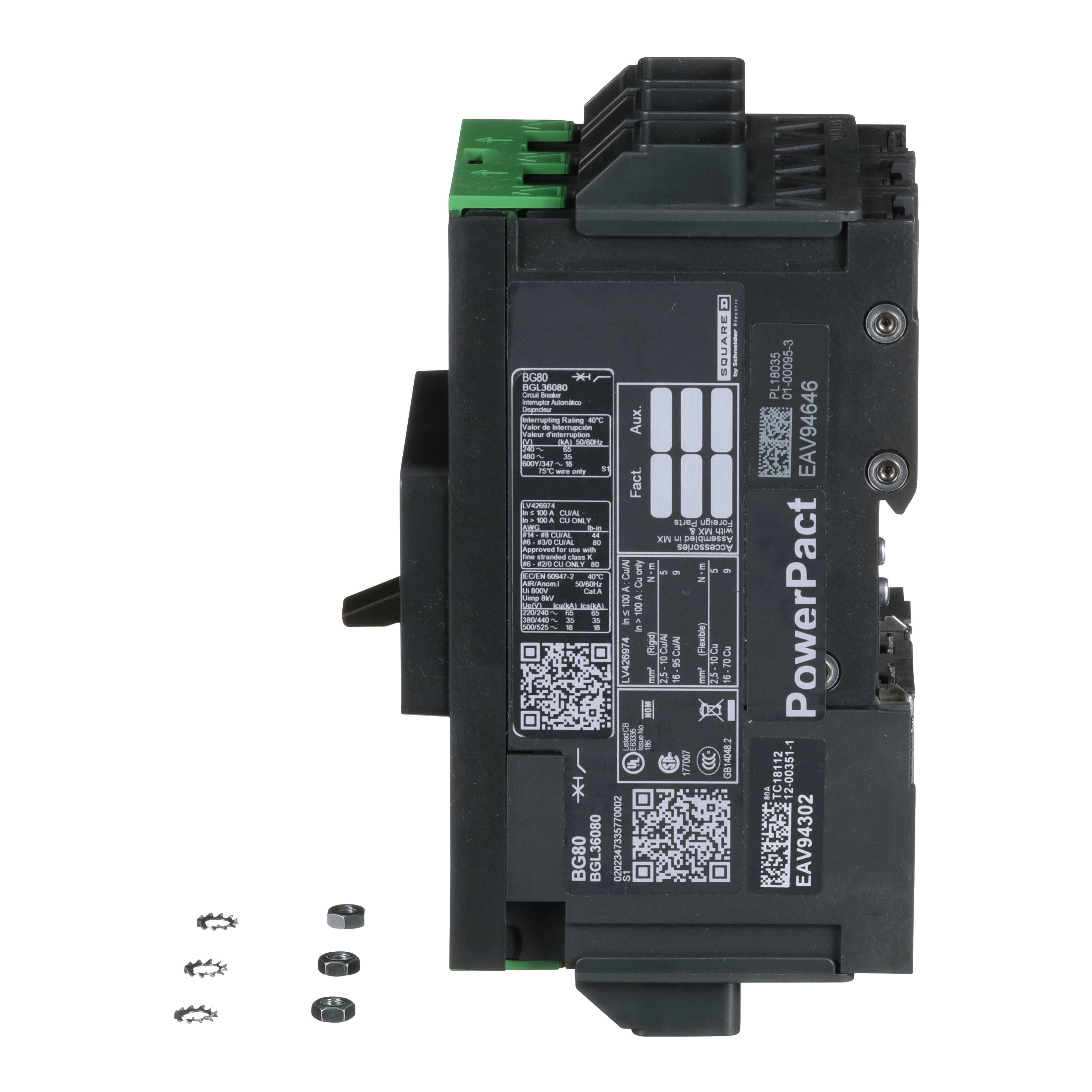 Picture of BGL36080 - Circuit breaker, PowerPacT B, 80A, 3 pole, 600Y/347VAC, 18kA, lugs, thermal magnetic, 80%