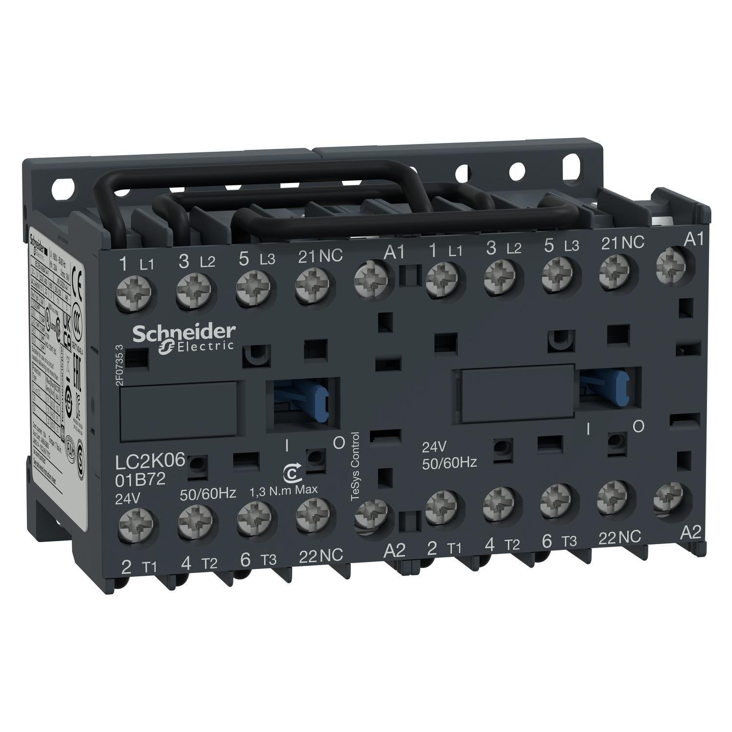 LC2K0601B72 - Reversing contactor, TeSys K, 3P, AC-3, lt or eq to 440V 6A, 1 NC, 24VAC coil