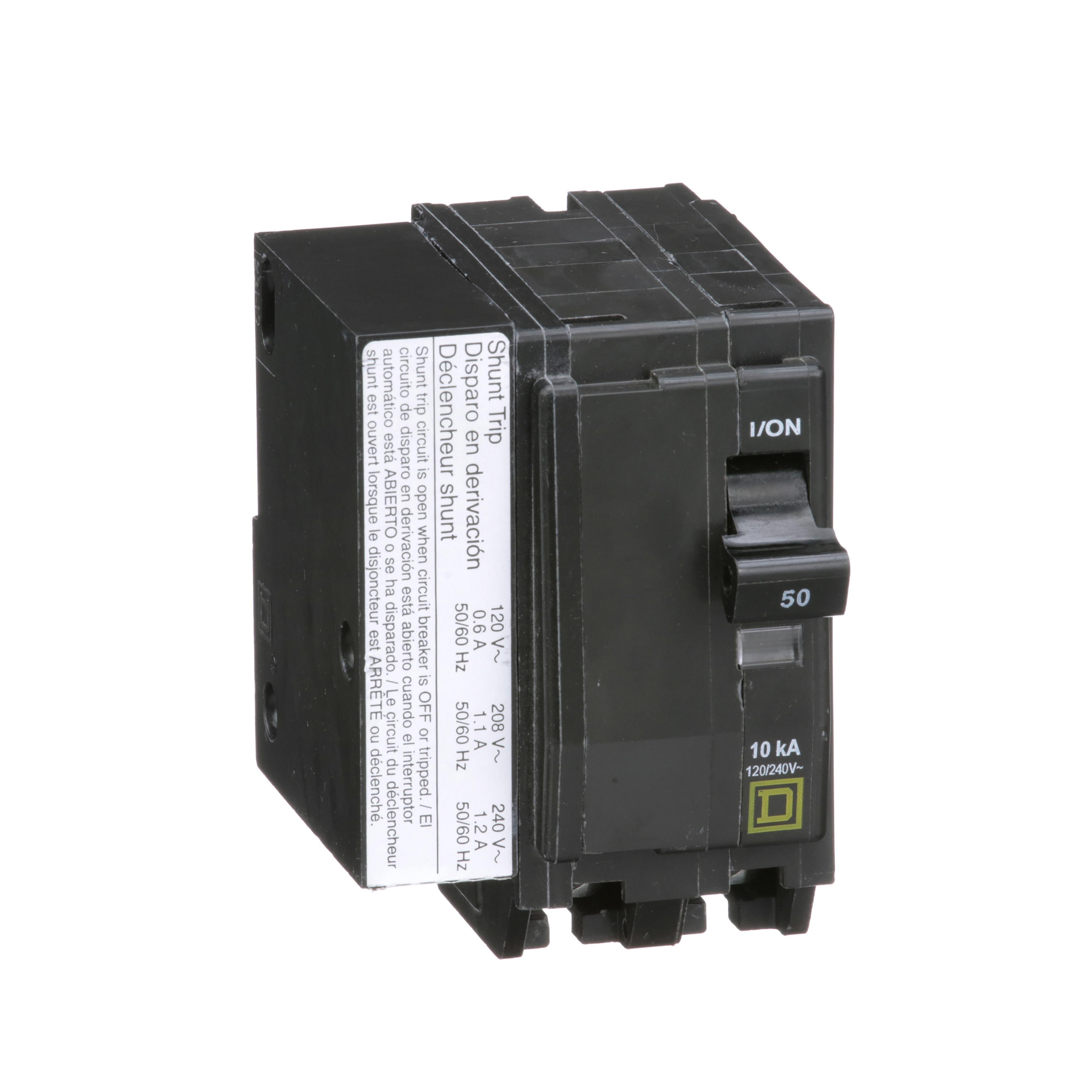 QO2501021 - Mini circuit breaker, QO, 50A, 2 pole, 120/240VAC, 10kA, plug in, AC shunt