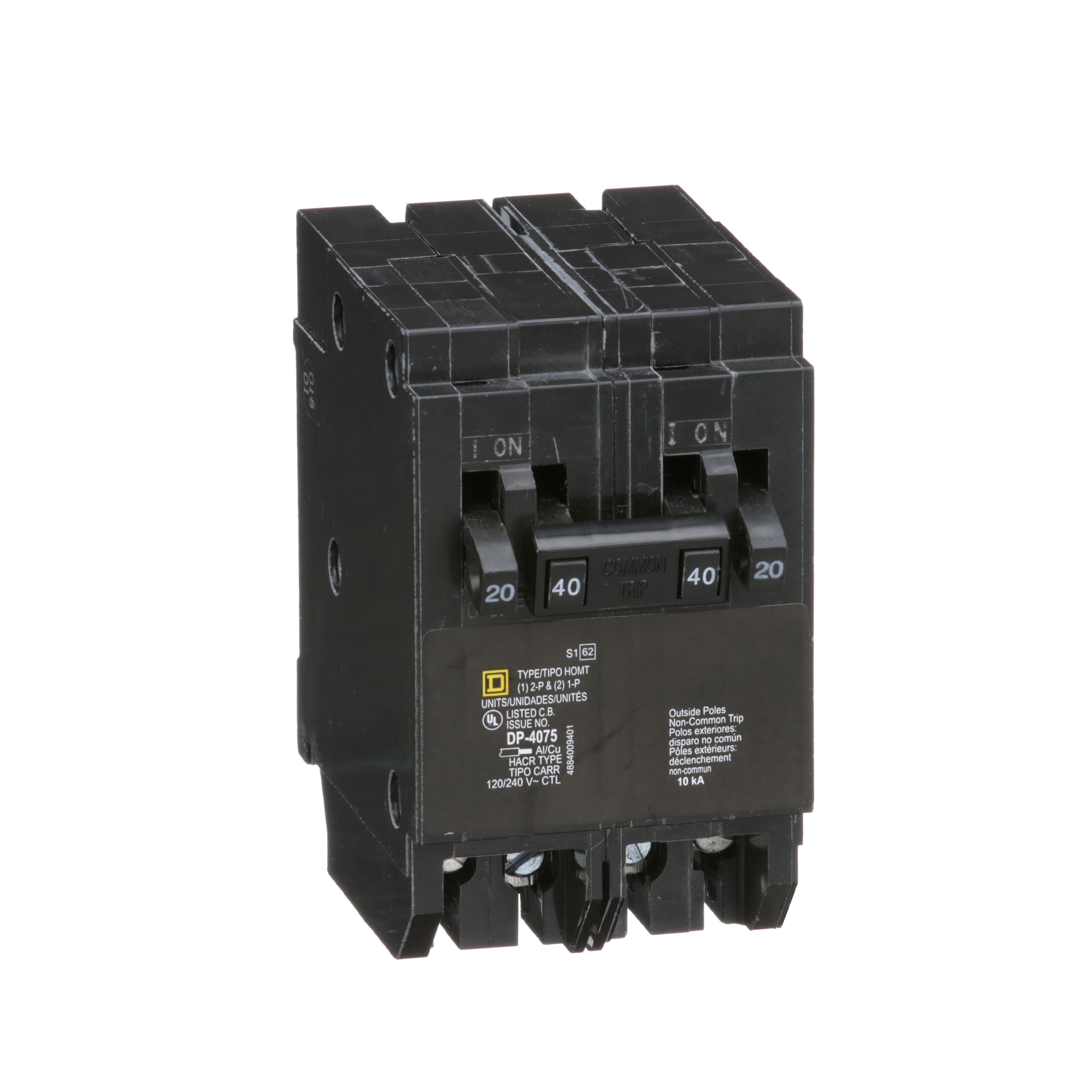 HOMT2020240 - Tandem circuit breaker, Homeline, 2 x 1 pole at 20A, 1 x 2 pole at 40A, 120/240VAC, 10kA AIR, plug in, UL