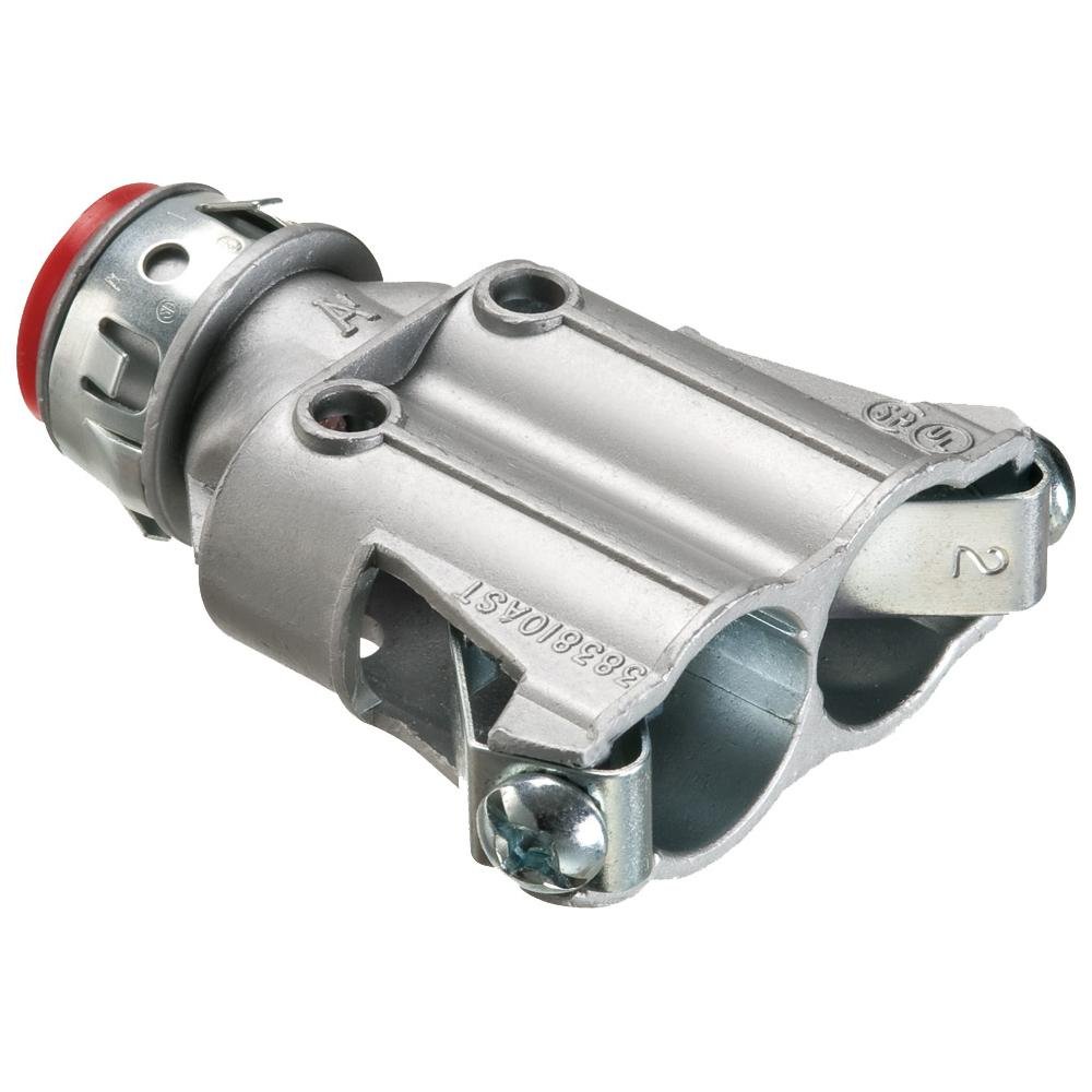 383810AST - Duplex zinc die-cast, 3/8" Knockout MC cable connector snaps quickly on to the conduit with a removable screw in spring steel clip and then snaps into knockout with external spring steel clip, no tools required. Concrete tight when taped. Come