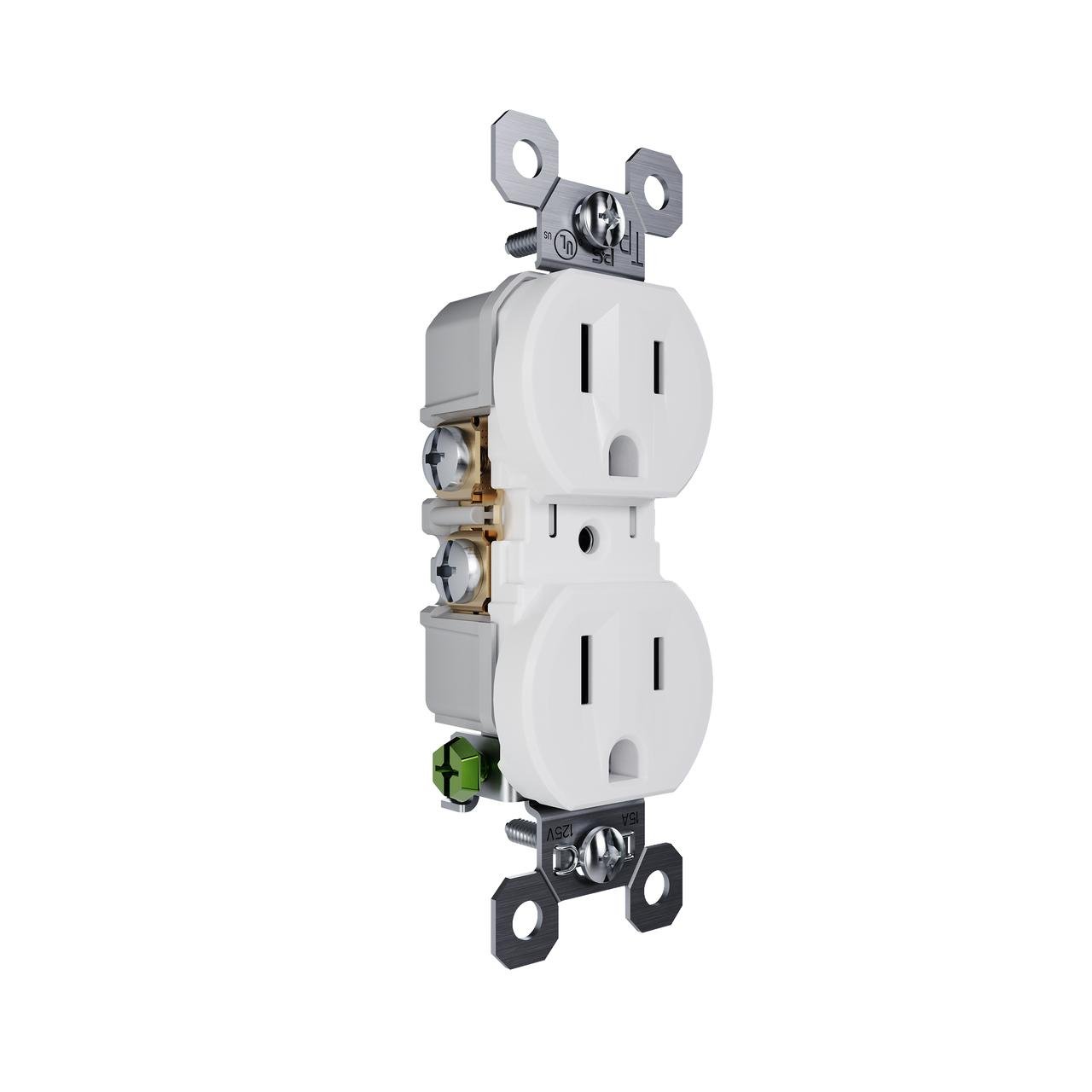 TradeMaster® 15A 125V Tamper-Resistant External Pressure Plated Duplex Receptacle, White