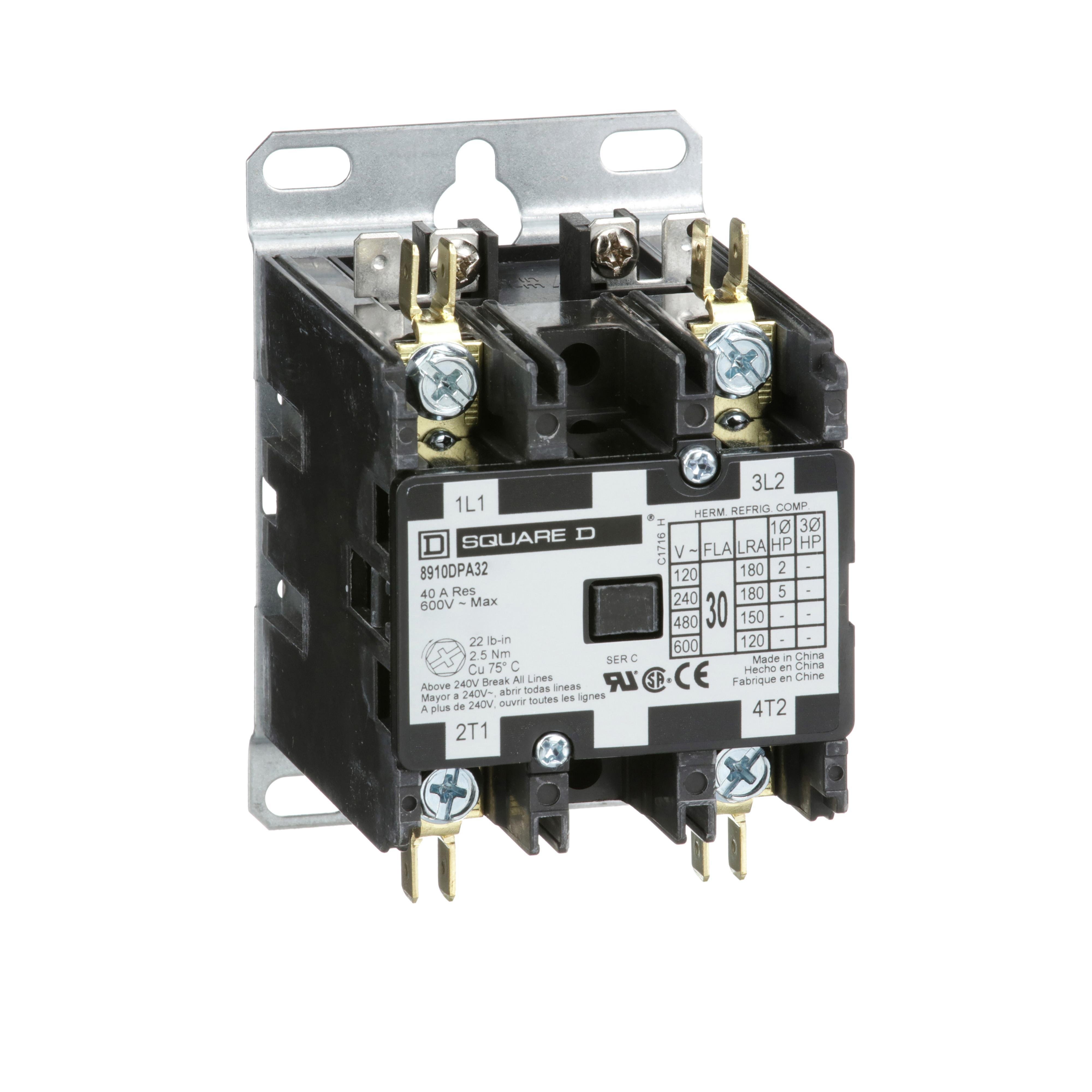 8910DPA32V04 - Contactor, Definite Purpose, 30A, 2 pole, 5HP at 230VAC, 1 phase, 277VAC 60Hz coil, open