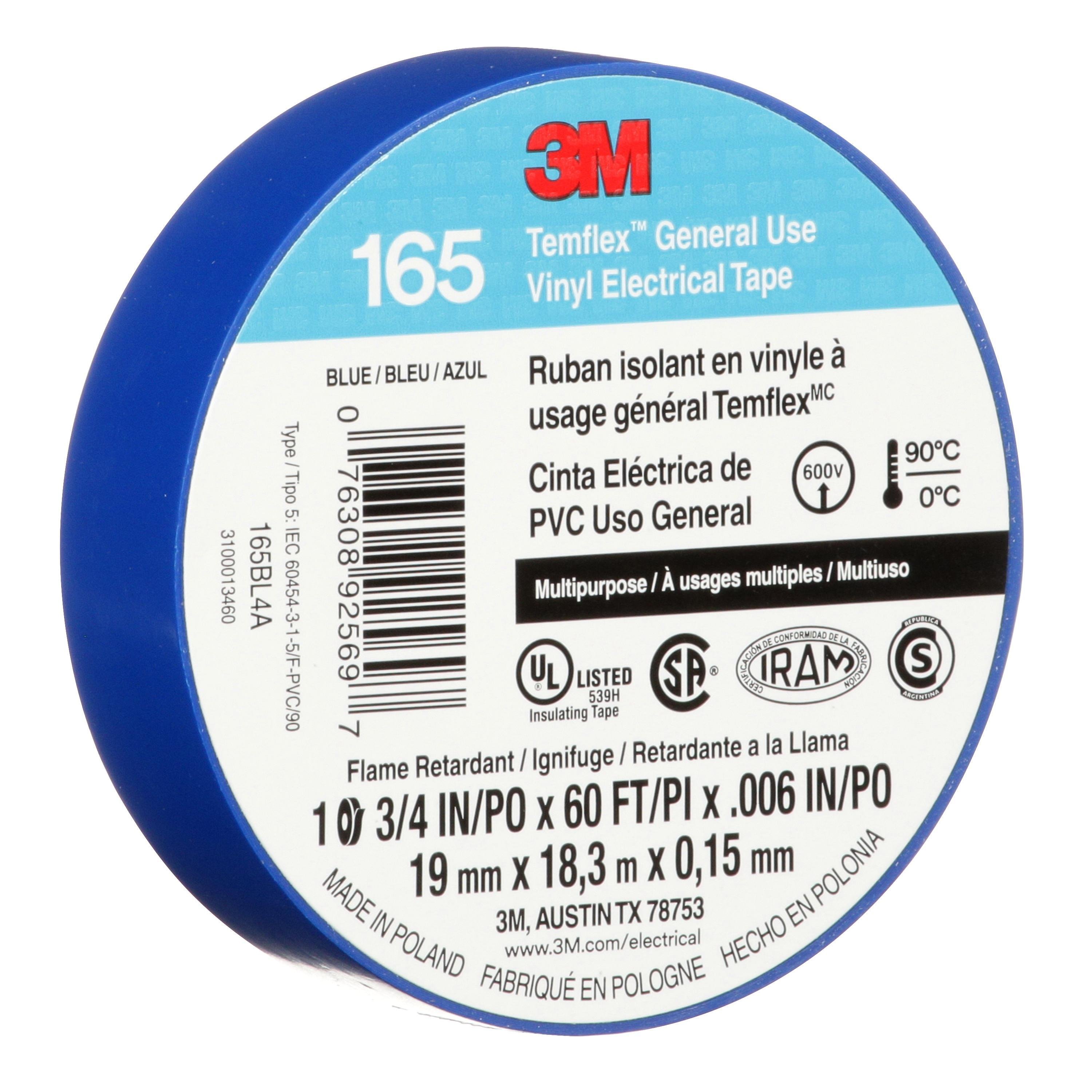 Picture of 7100169429 - 3M™ Temflex™ Vinyl Electrical Tape 165, Blue, 3/4 in x 60 ft (19 mm x 18 m), 6 mil, 100 Rolls/Case
