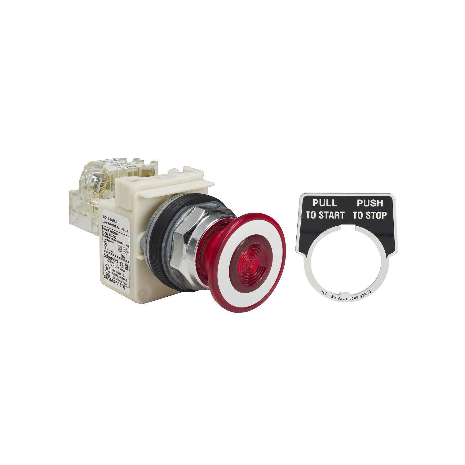 9001KR9P38LRRH13 - Illuminated push button, Harmony 9001K, metal, mushroom 41mm, red, 30mm, 2 positions, push pull, LED red, 120V, 1 changeover