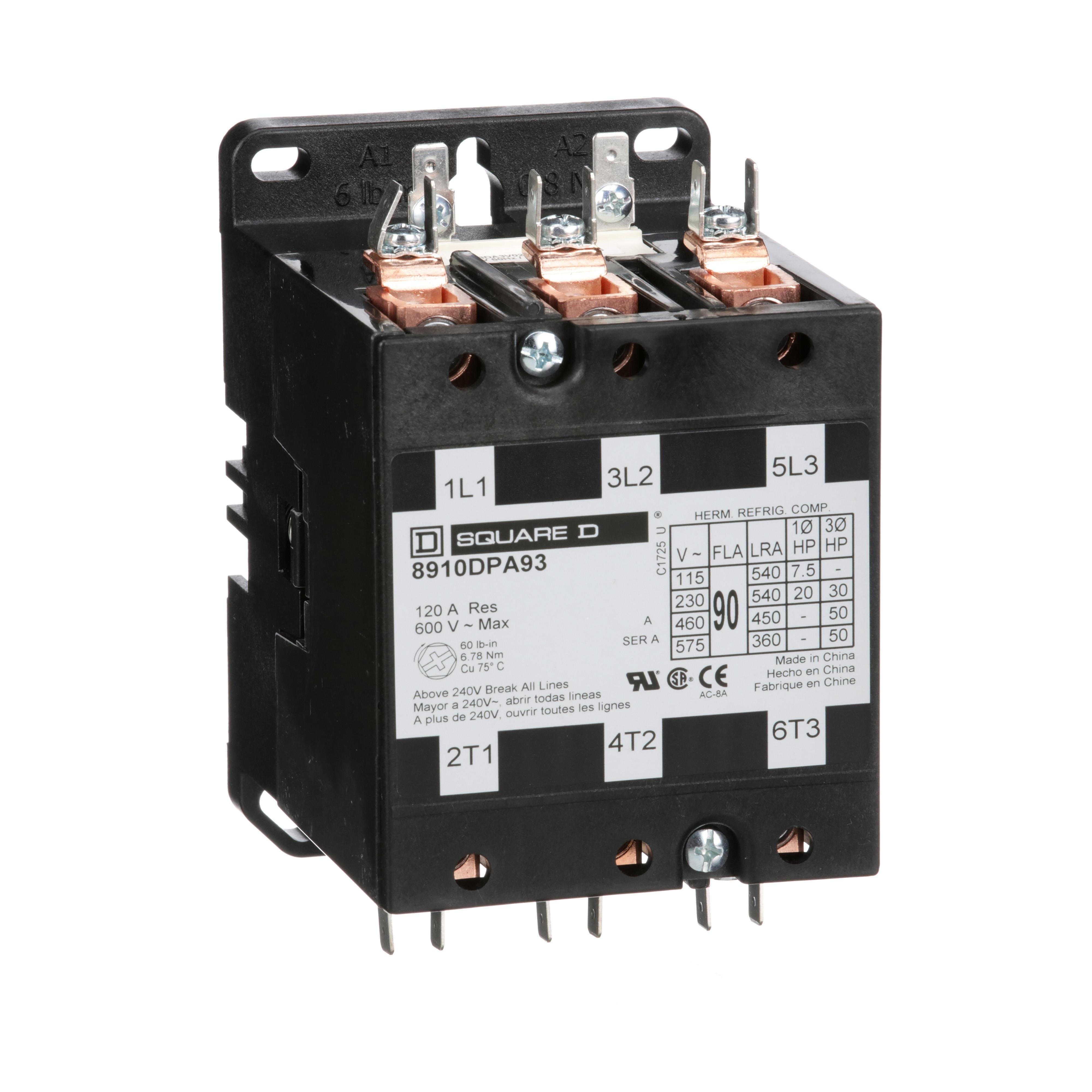 Picture of 8910DPA93V02 - Contactor, Definite Purpose, 90A, 3 pole, 50HP at 575VAC, 3 phase, 110/120VAC 50/60Hz coil, open