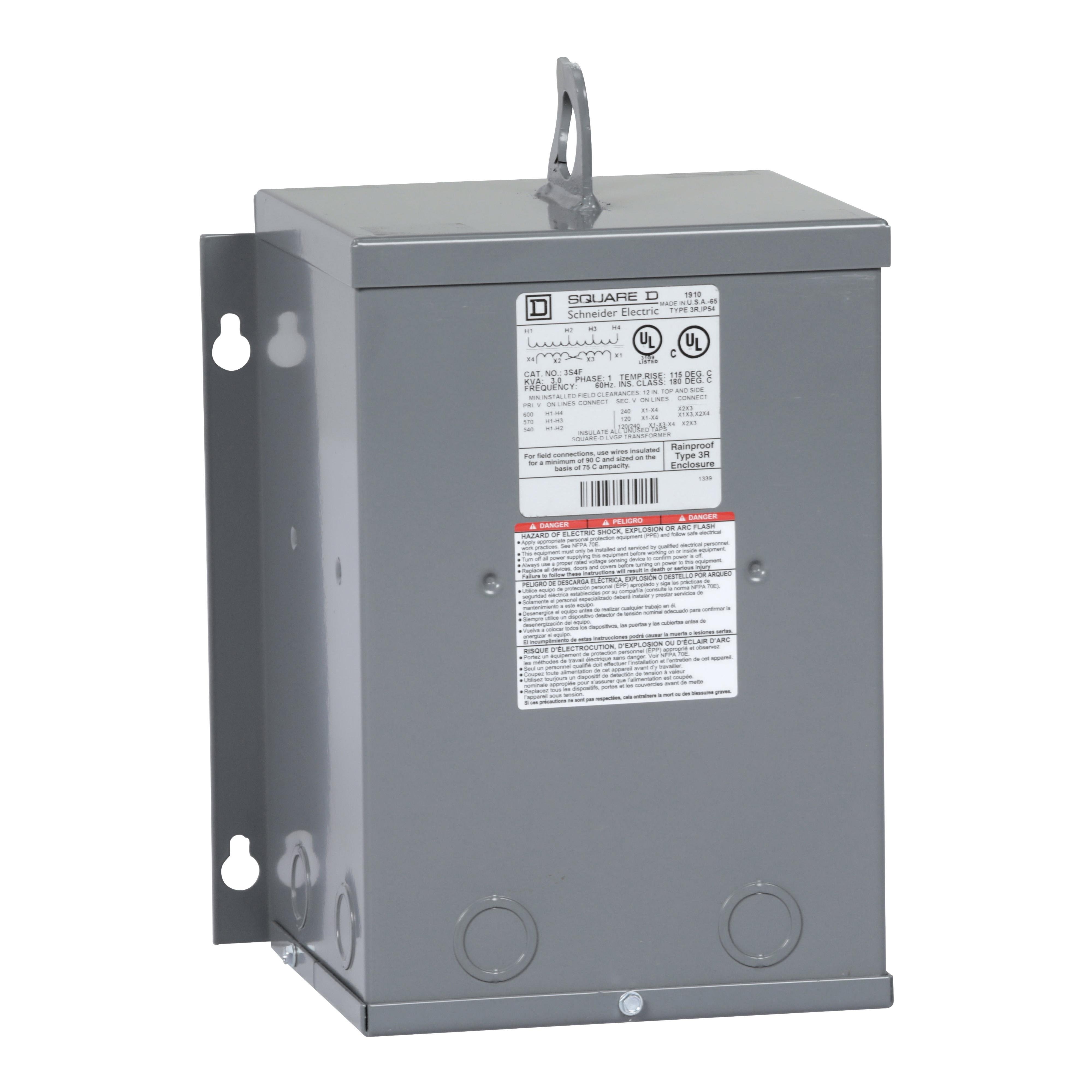 3S4F - Transformer, dry type, encapsulated, 3kVA, 1 phase, 600V primary, 120/240V secondary, 10A, 115C rise [TAA]