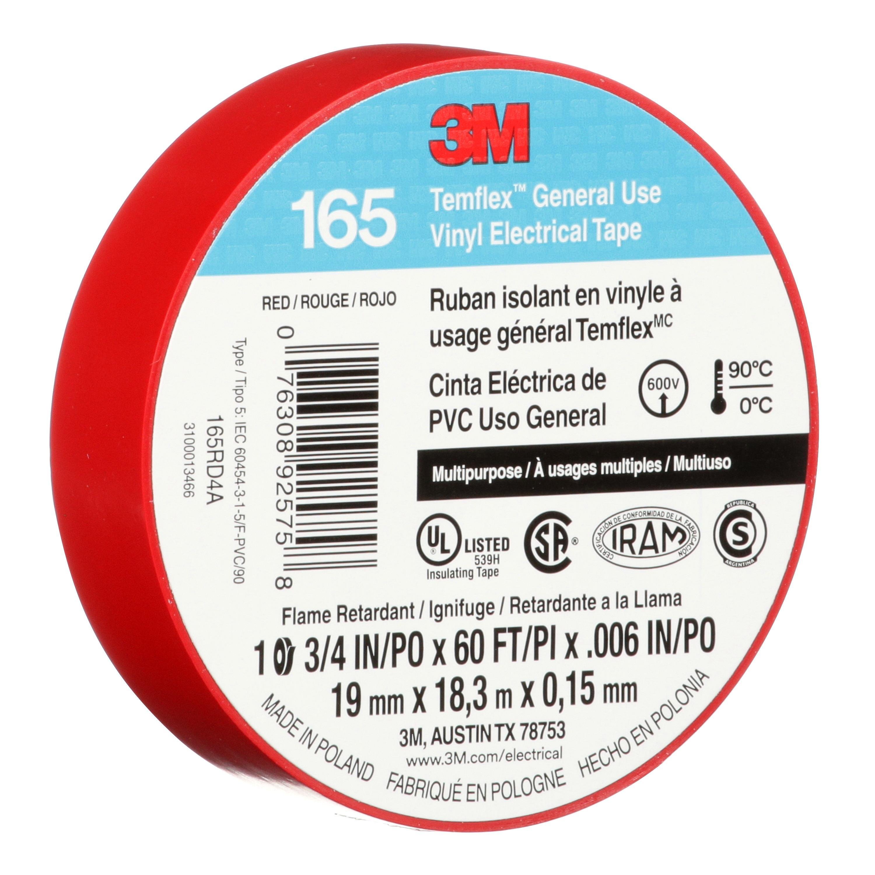 Picture of 7100169492 - 3M™ Temflex™ Vinyl Electrical Tape 165, Red, 3/4 in x 60 ft (19 mm x 18 m), 6 mil, 100 Rolls/Case