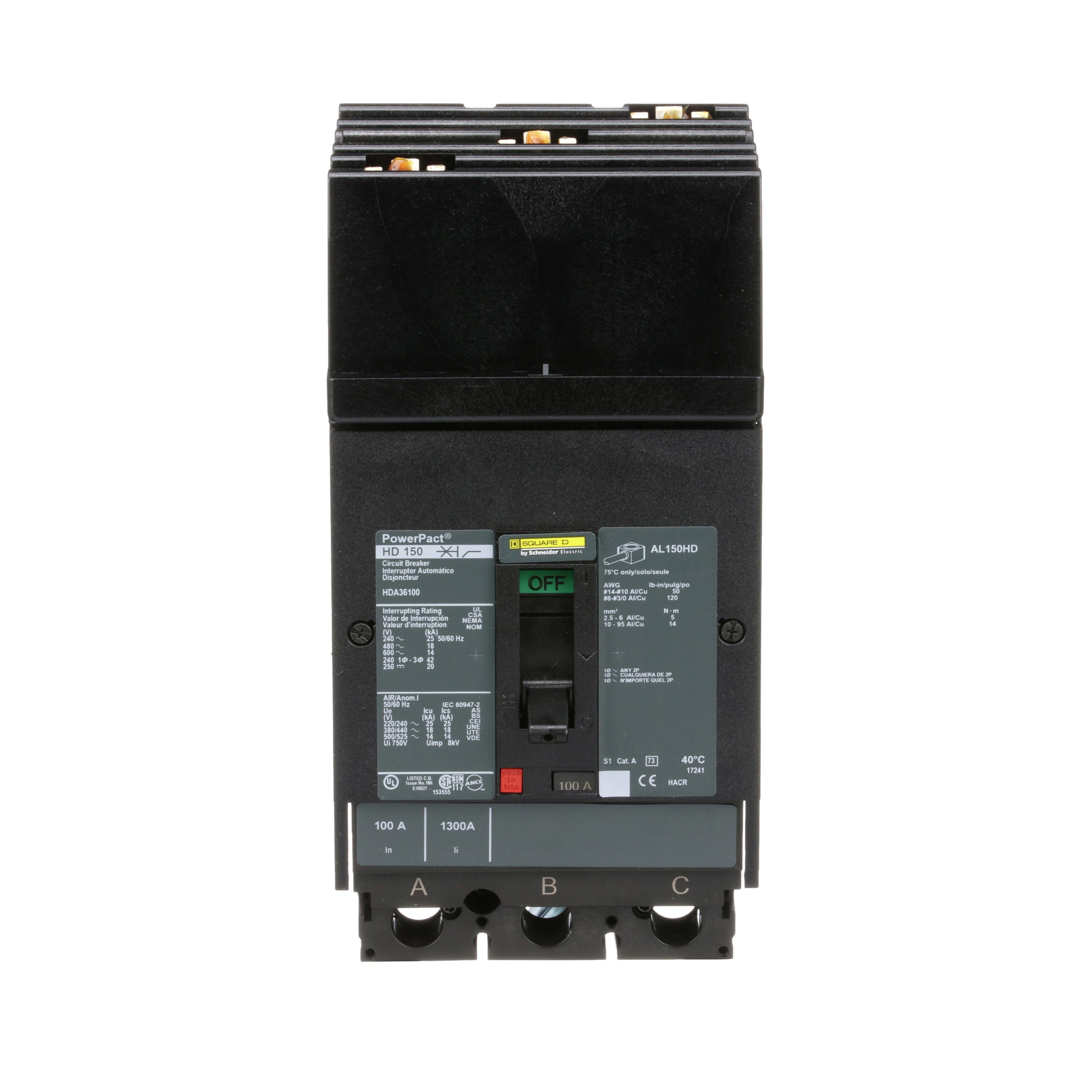 Picture of HDA36100 - Circuit breaker, PowerPacT H, 100A, 3 pole, 600VAC, 14kA, I-Line, thermal magnetic, 80%, ABC