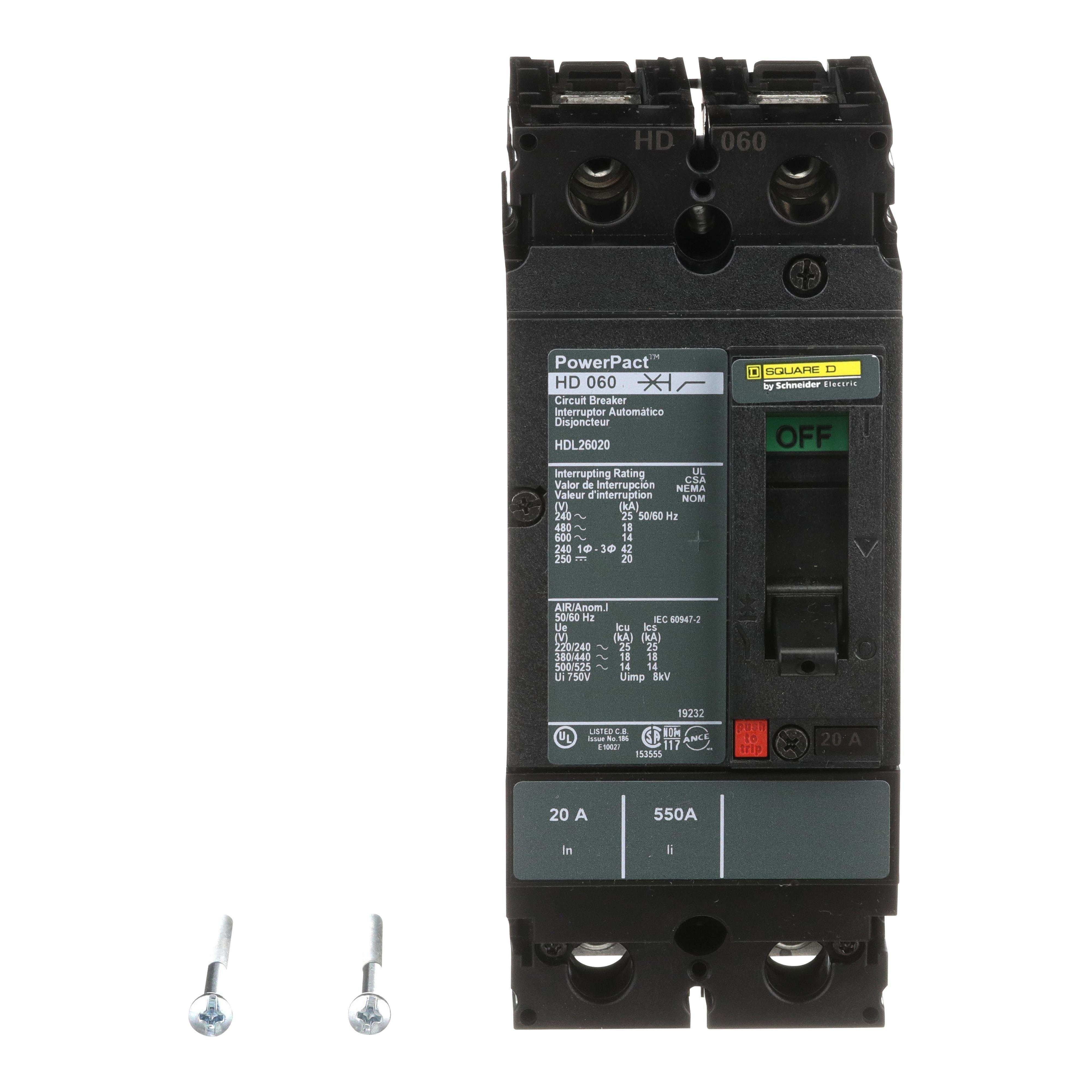 Picture of HDL26020 - Circuit breaker, PowerPacT H, 20A, 2 pole, 600VAC, 14kA, lugs, thermal magnetic, 80%