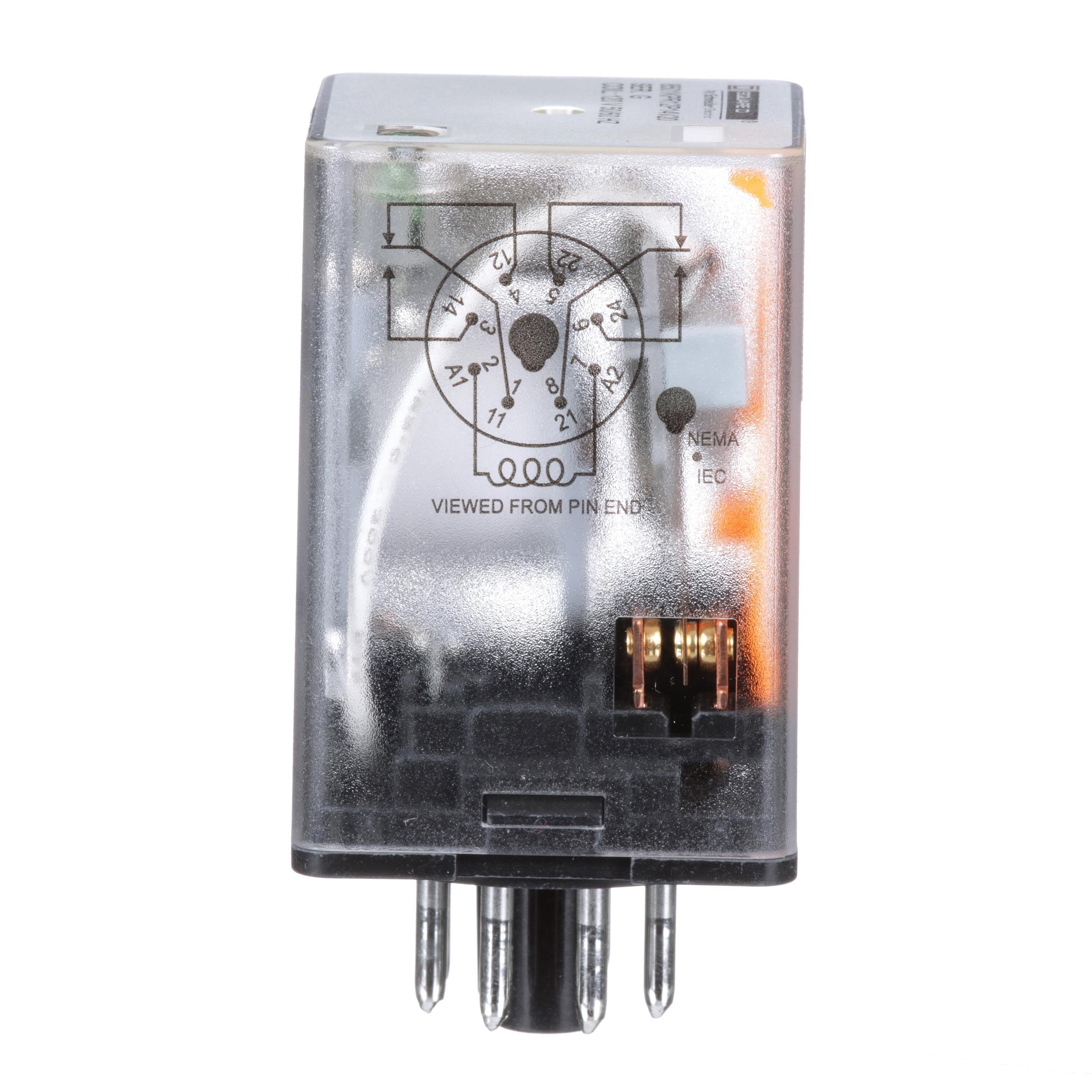 8501KPR12P14V20 - Plug in relay, Type KP, tubular, 1 HP at 277 VAC, 10A resistive at 120 VAC, DPDT, 2 NO, 2 NC, 120 VAC coil, pilot light