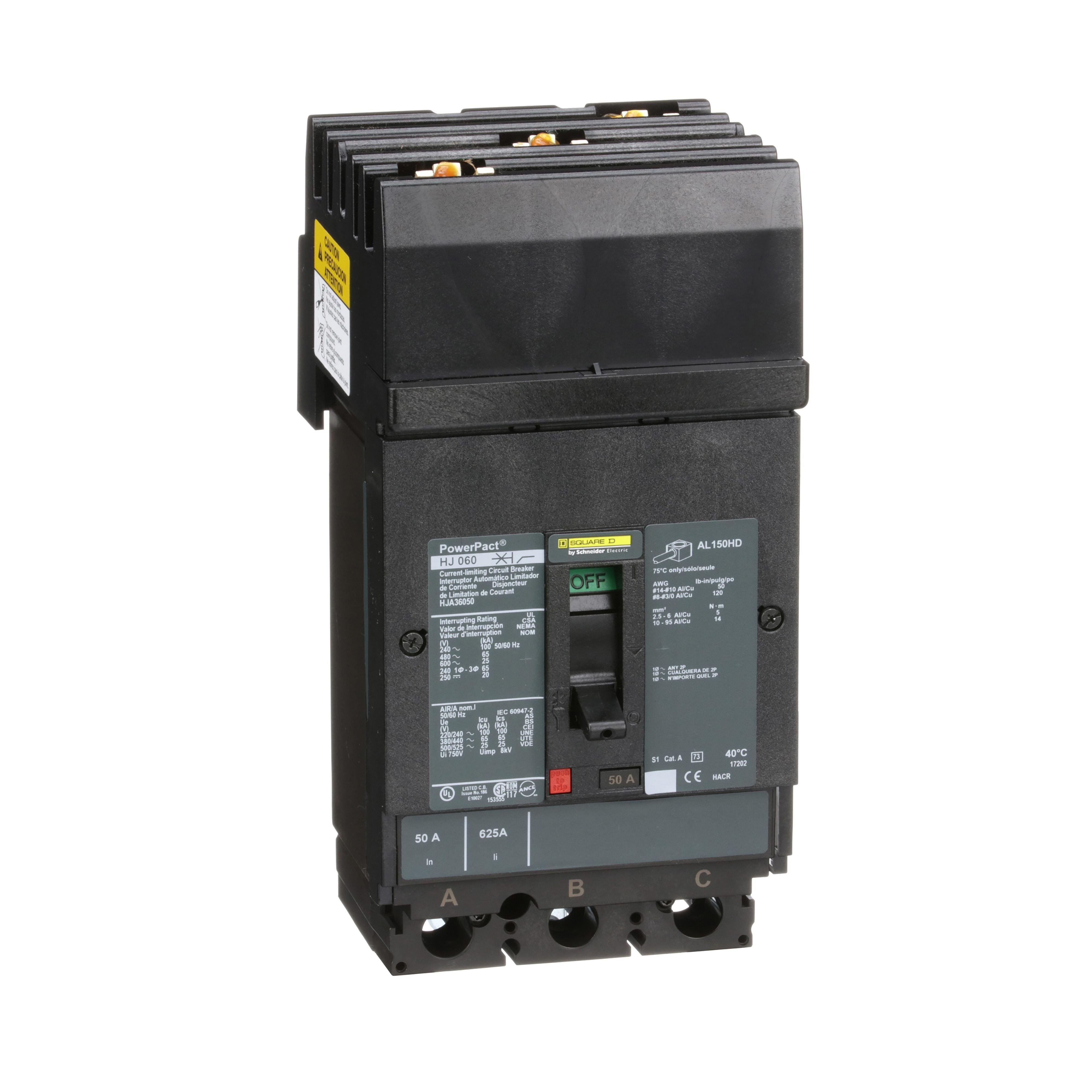 Picture of HJA36050 - Circuit breaker, PowerPacT H, 50A, 3 pole, 600VAC, 25kA, I-Line, thermal magnetic, 80%, ABC