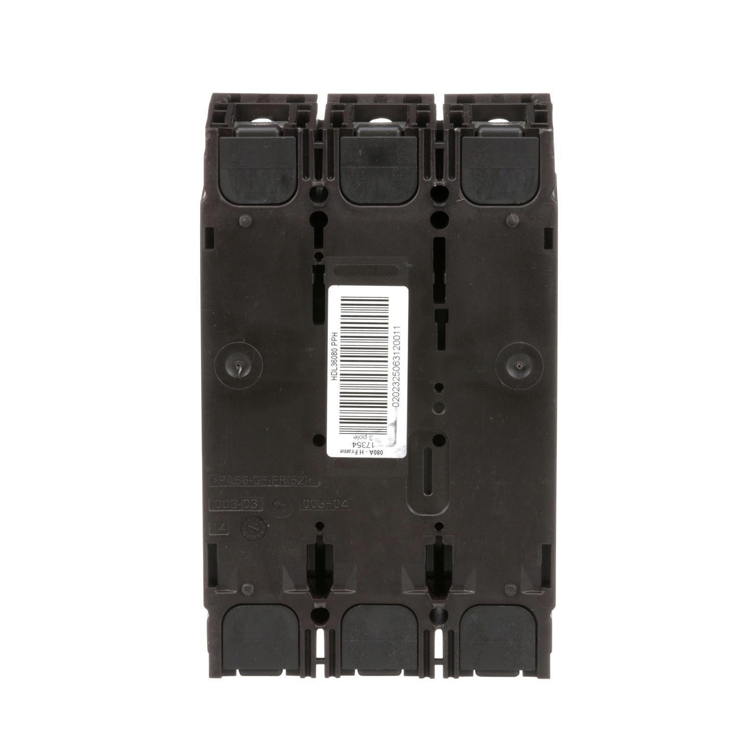 Picture of HDL36080 - Circuit breaker, PowerPacT H, 80A, 3 pole, 600VAC, 14kA, lugs, thermal magnetic, 80%