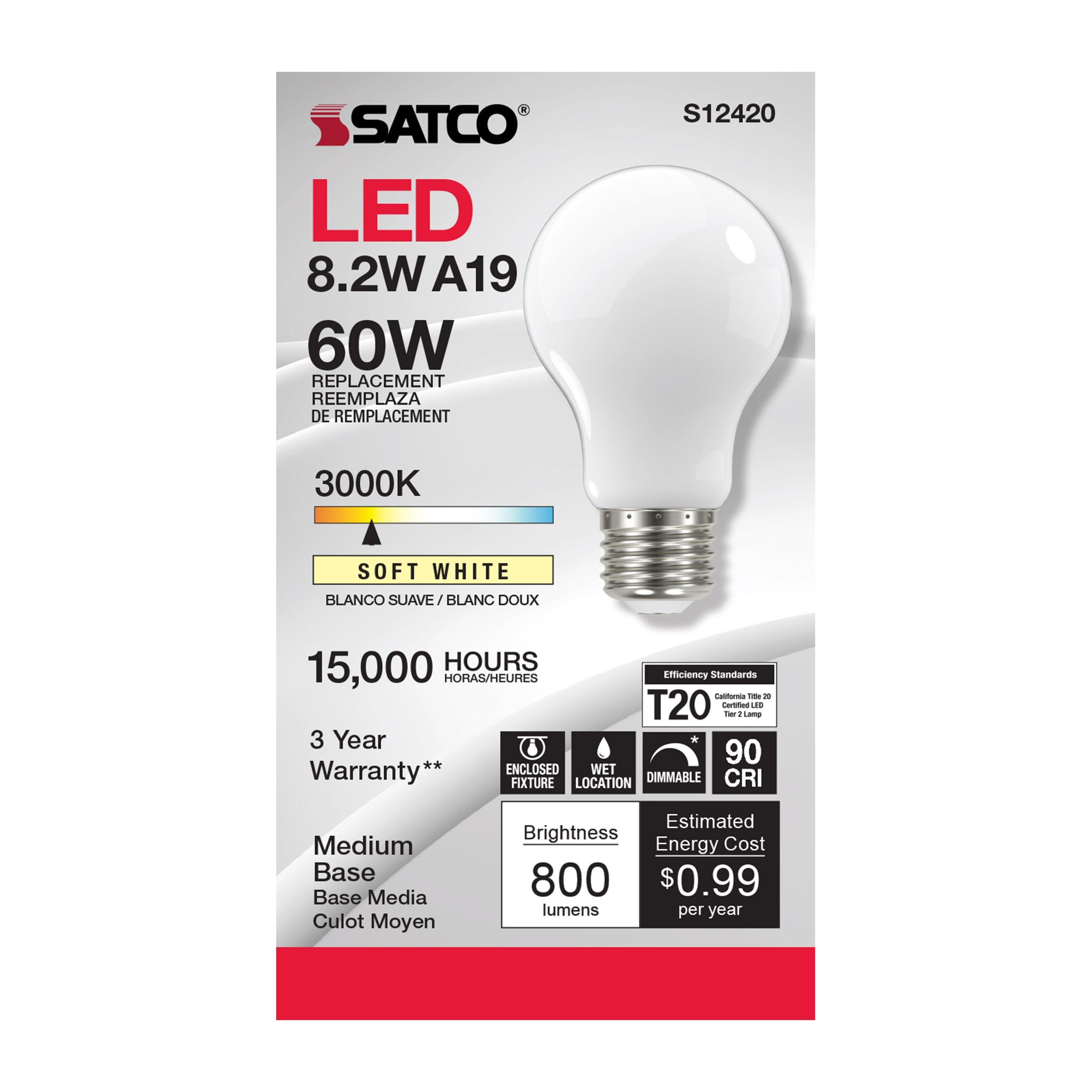 Picture of S12420 - 8.2 Watt LED A19 - Soft White - Medium Base - 3000K - 90 CRI - 120 Volt