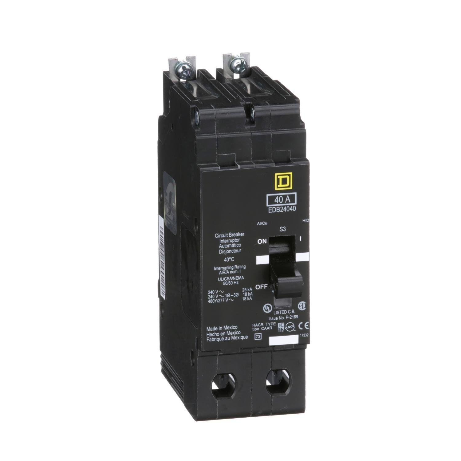EDB24040 - [TAA] Mini circuit breaker, E-Frame, 40A, 2 pole, 480Y/277VAC, 25kA max, bolt on