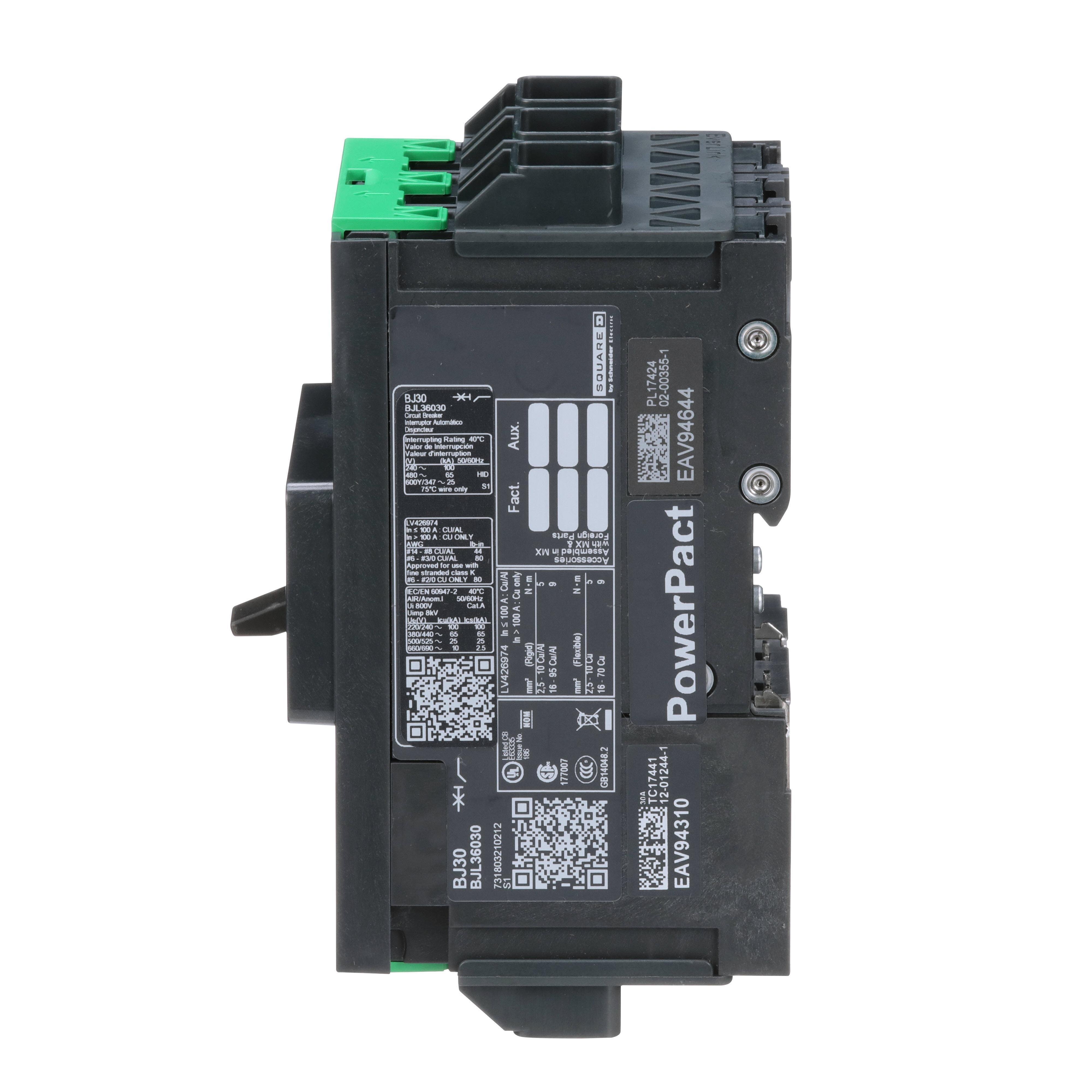 Picture of BJL36030 - Circuit breaker, PowerPacT B, 30A, 3 pole, 600Y/347VAC, 25kA, lugs, thermal magnetic, 80%
