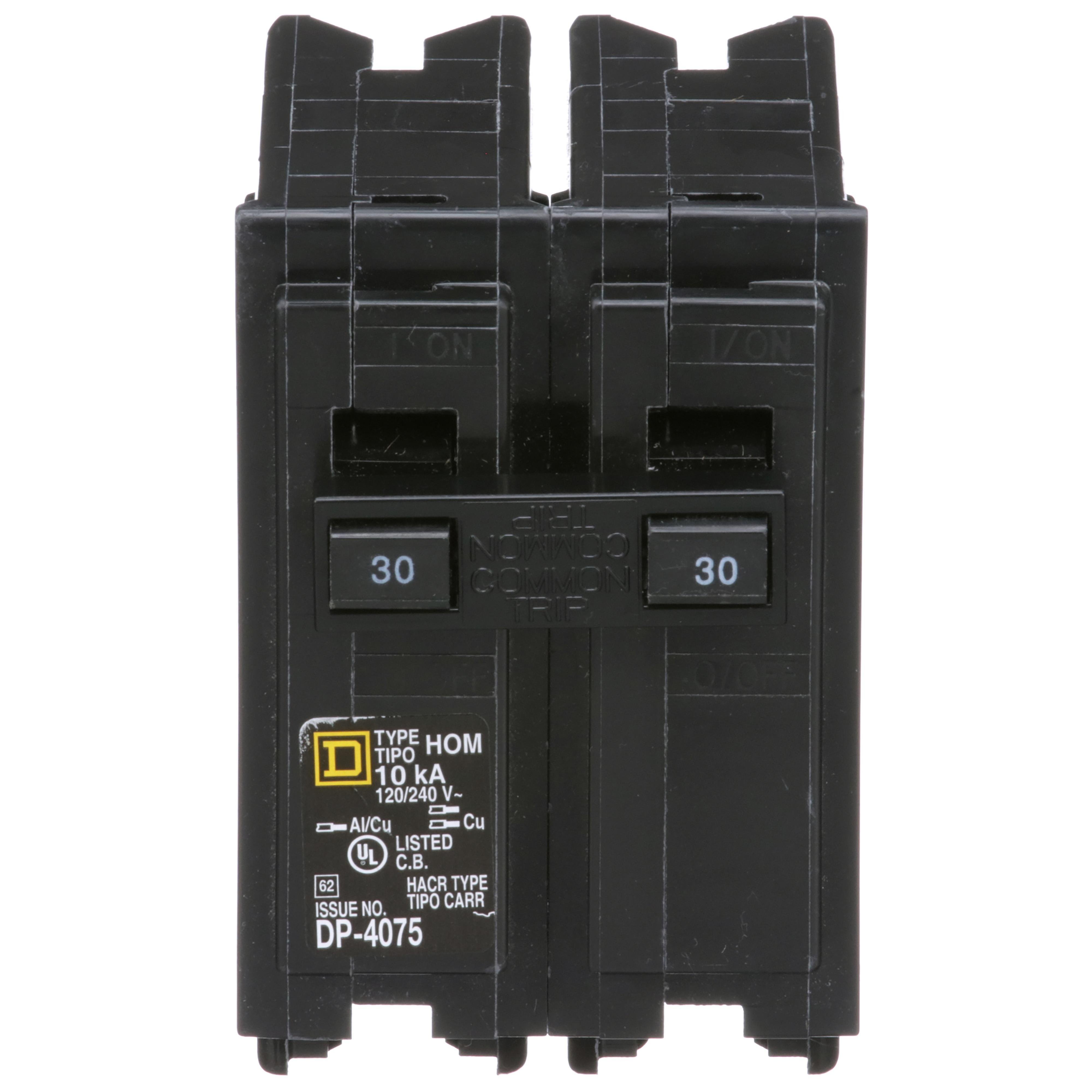 HOM2305219 - Mini circuit breaker, Homeline, 30A, 2 pole, 120/240VAC, 10kA AIR, standard type, plug in, high amp lug, UL