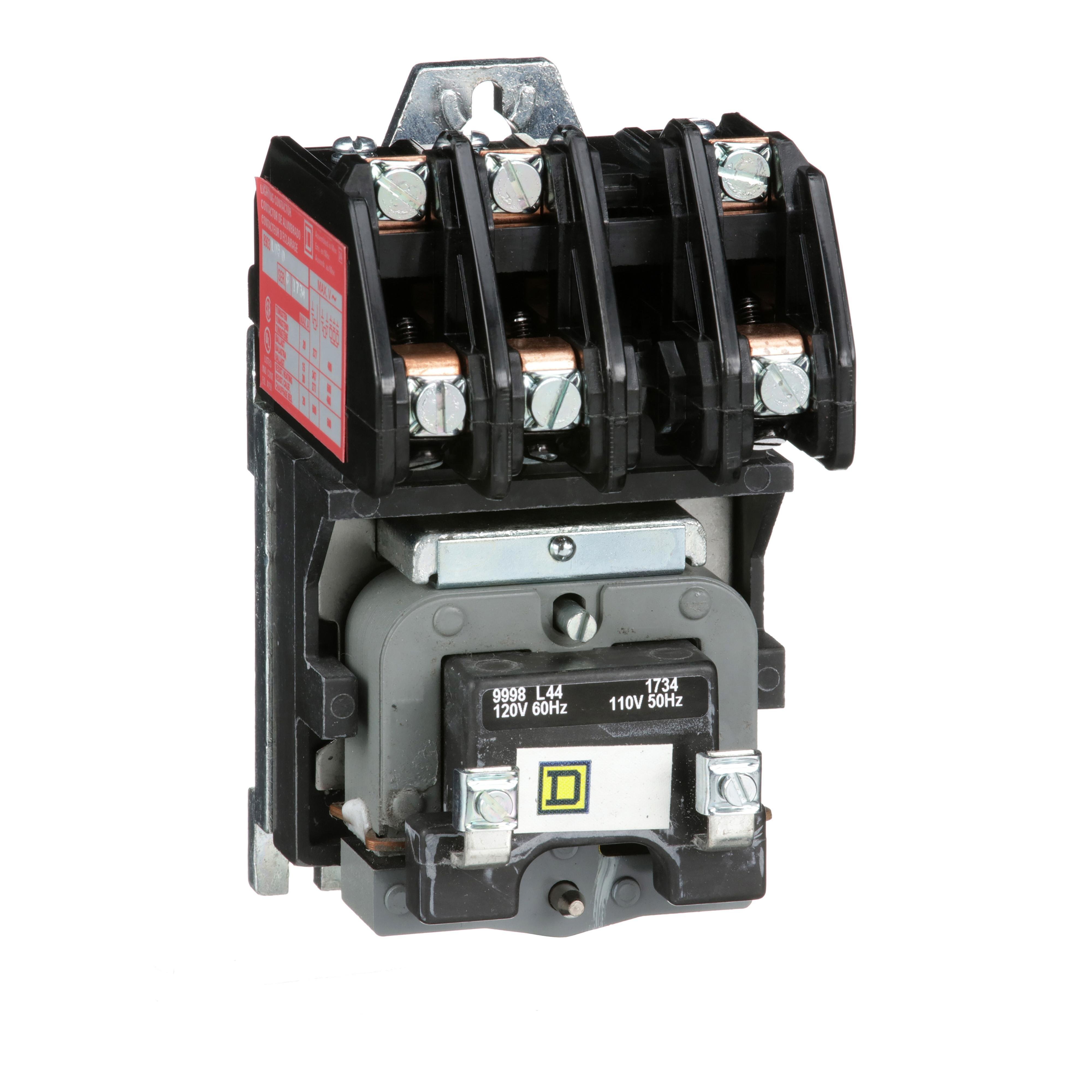 Picture of 8903LO30V02 - Contactor, Type L, multipole lighting, electrically held, 30A, 3 pole, 600V, 110/120VAC 50/60Hz coil, open style [TAA]