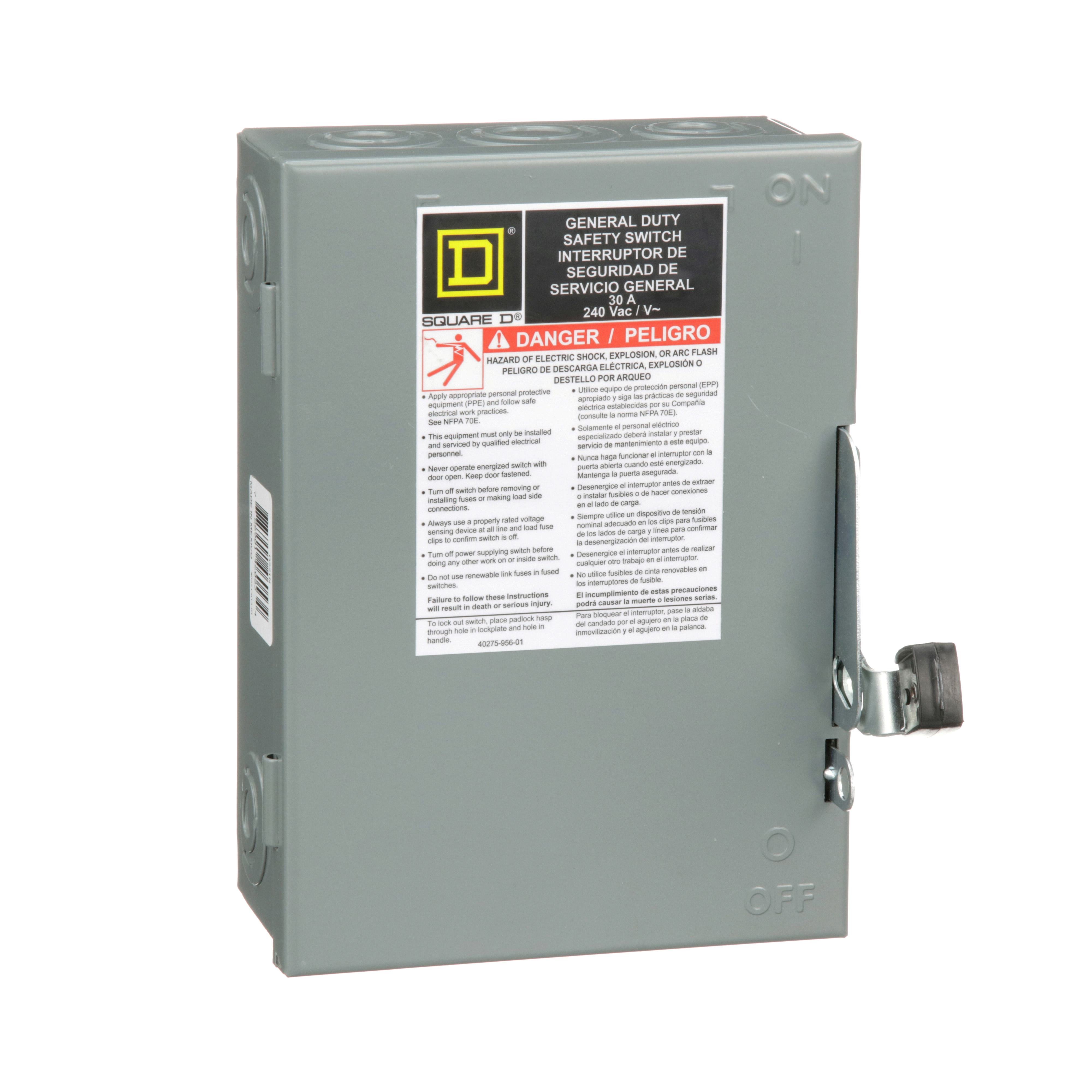 D321N - Safety switch, general duty, fusible, 30A, 3 pole, 7.5hp, 240VAC, NEMA 1, neutral factory installed