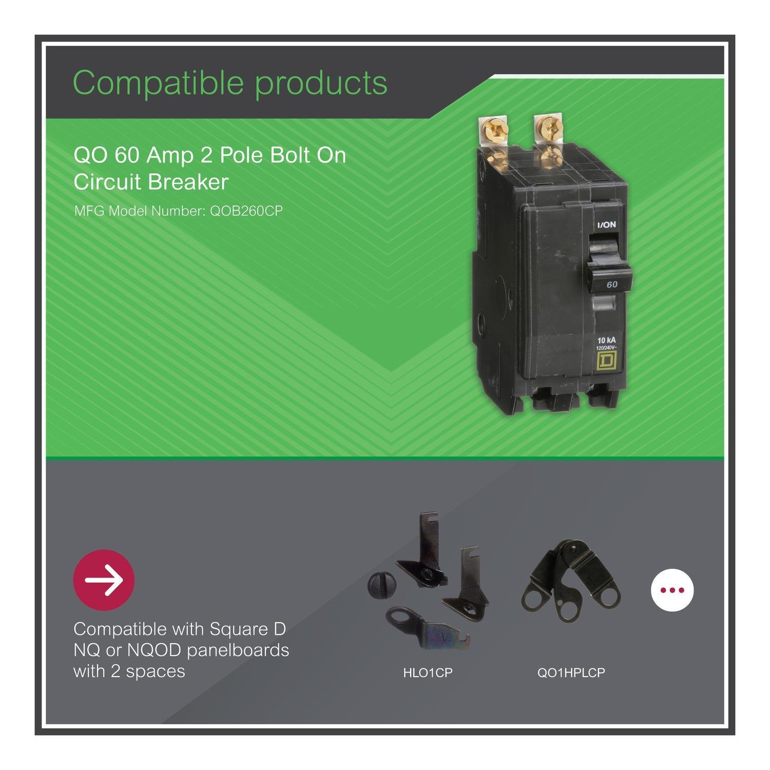 Picture of QOB260 - Mini circuit breaker, QO, 60A, 2 pole, 120/240VAC, 10kA, bolt on