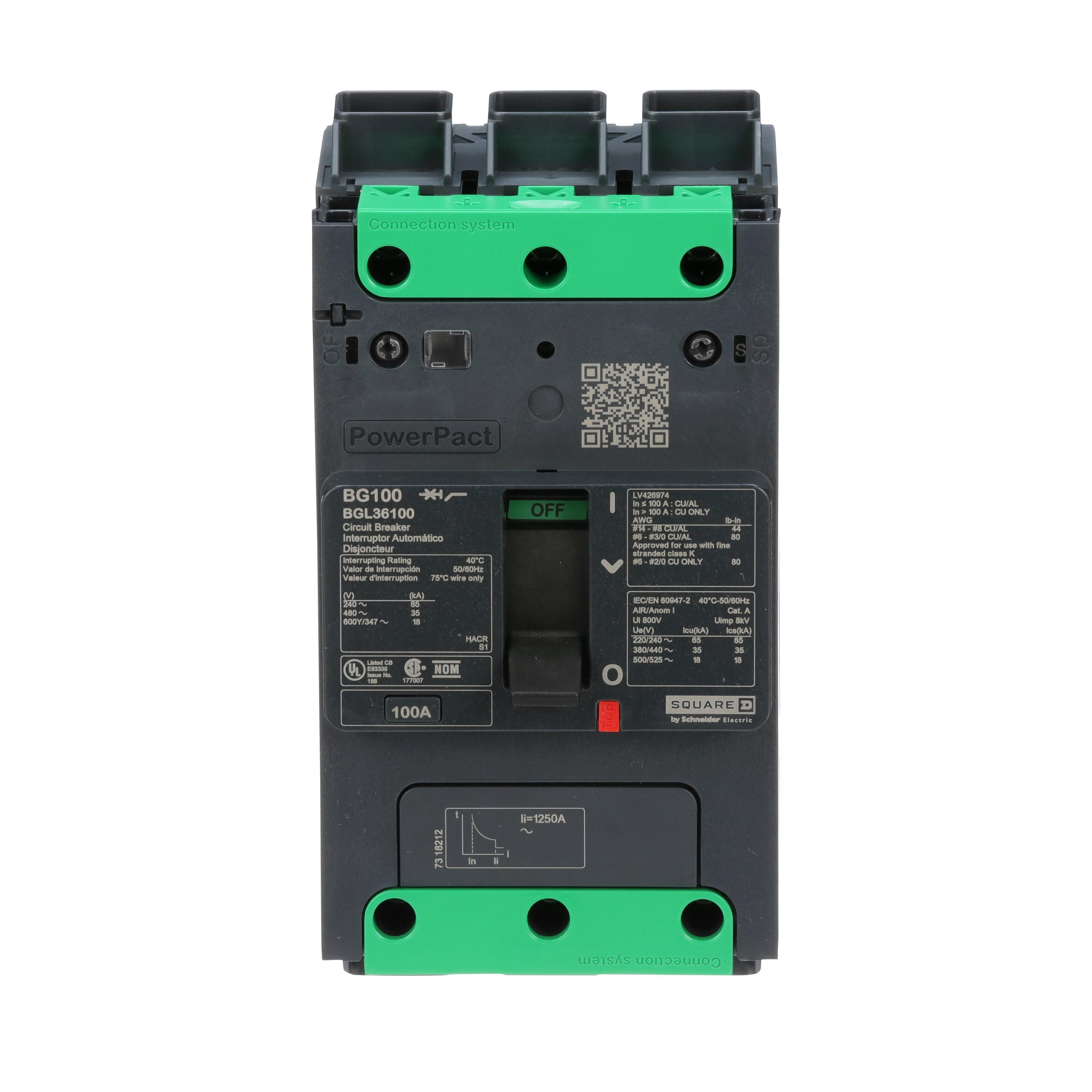 BGL36100 - Circuit breaker, PowerPacT B, 100A, 3 pole, 600Y/347VAC, 18kA, lugs, thermal magnetic, 80%