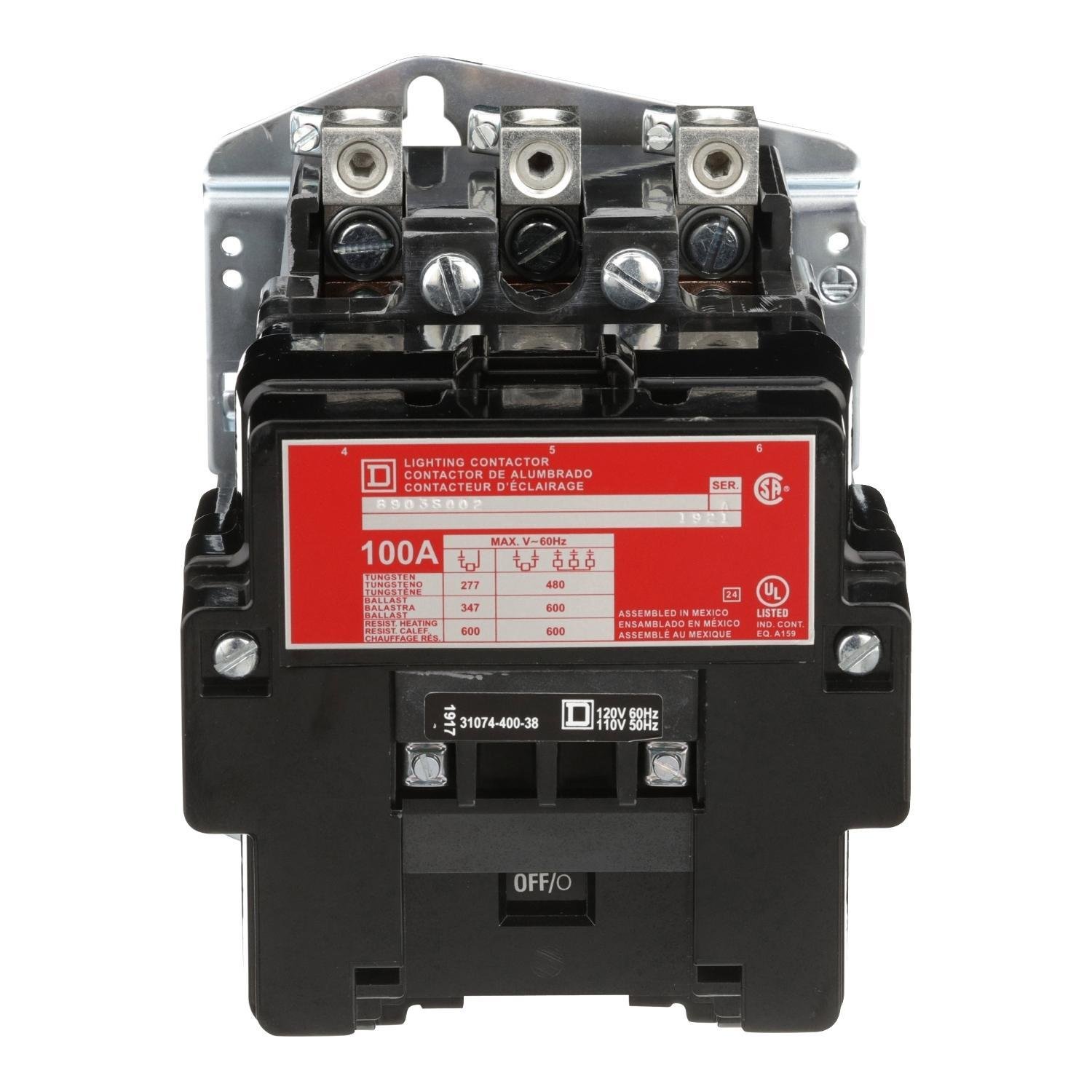 8903SQO2V02 - Contactor, Type S, multipole lighting, electrically held, 100A, 3 pole, 110/120VAC coil at 50/60Hz, open style [TAA]