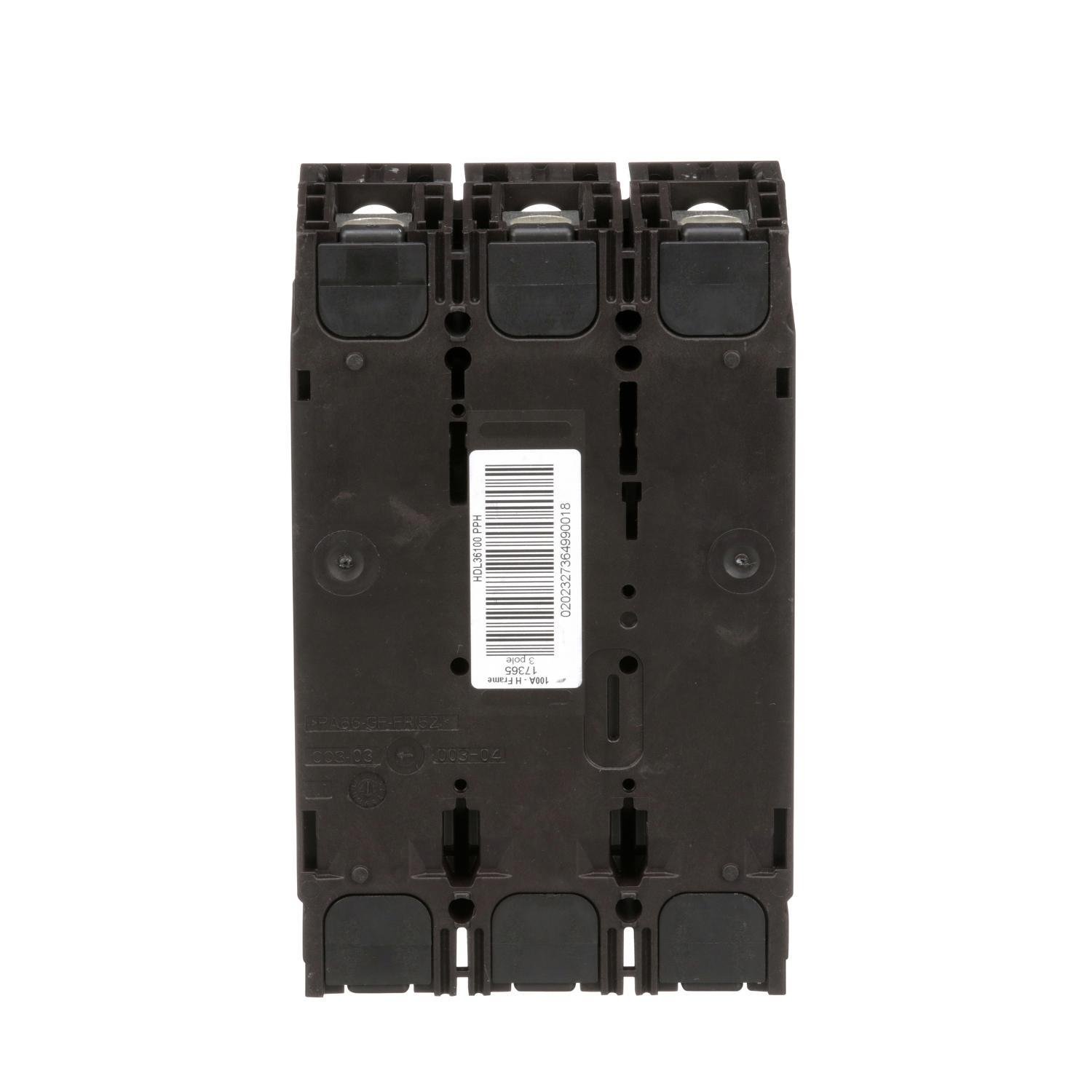 Picture of HDL36100 - Circuit breaker, PowerPacT H, 100A, 3 pole, 600VAC, 14kA, lugs, thermal magnetic, 80%