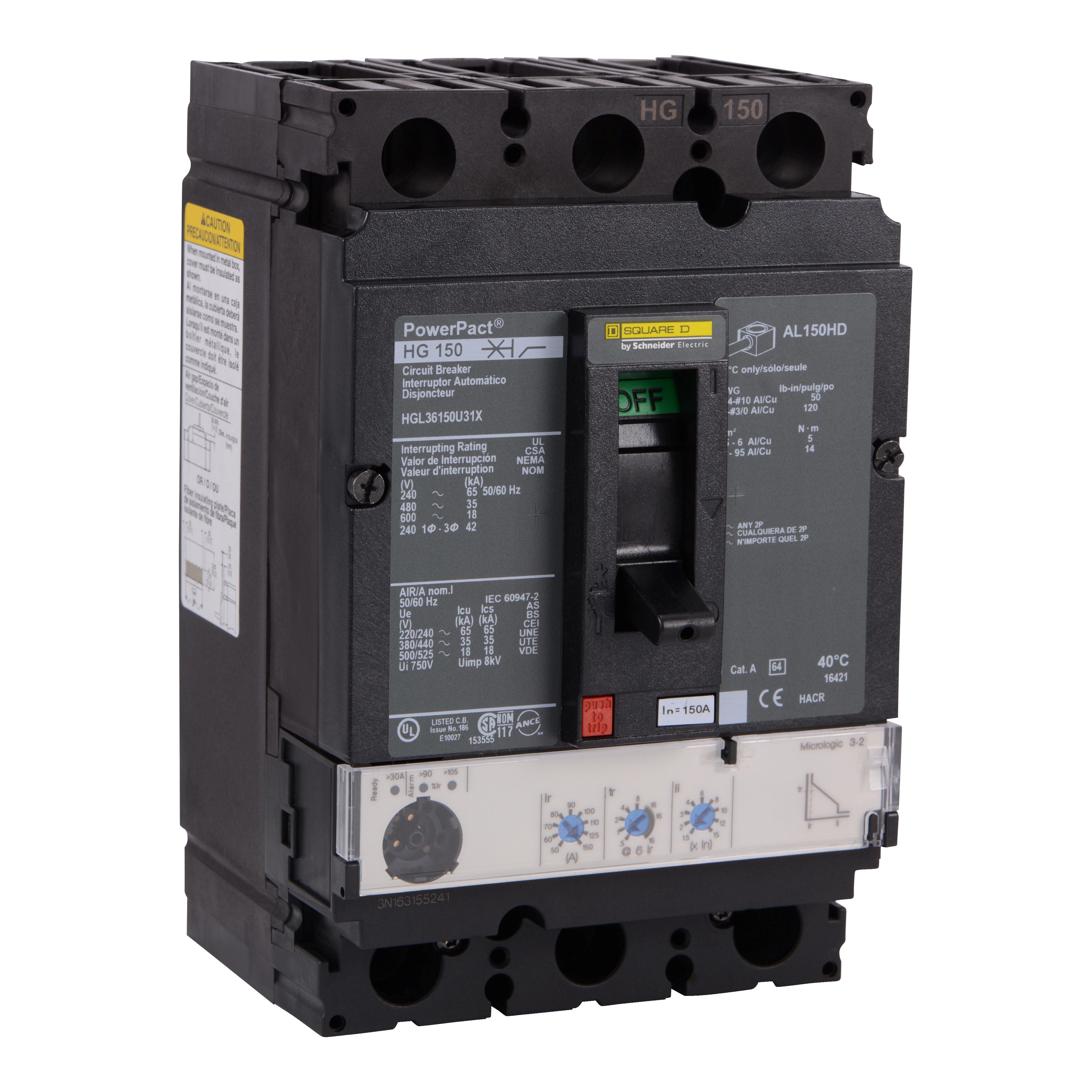 HGL36150U31X - Circuit breaker, PowerPacT H, 150A, 3 pole, 600VAC, 18kA, lugs, Micrologic 3.2, 80%