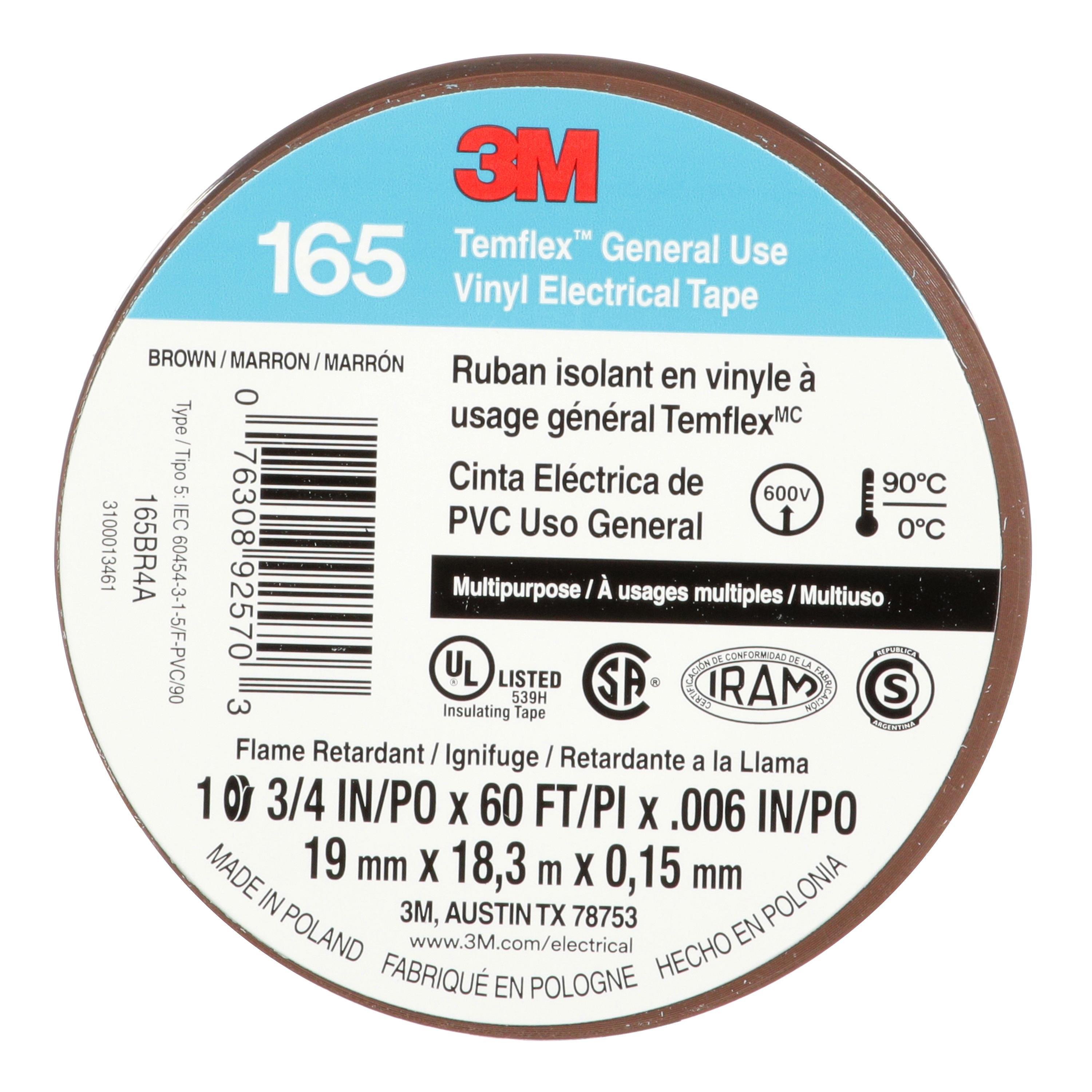 Picture of 7100169191 - 3M™ Temflex™ Vinyl Electrical Tape 165, Brown, 3/4 in x 60 ft (19 mm x 18 m), 6 mil, 100 Rolls/Case