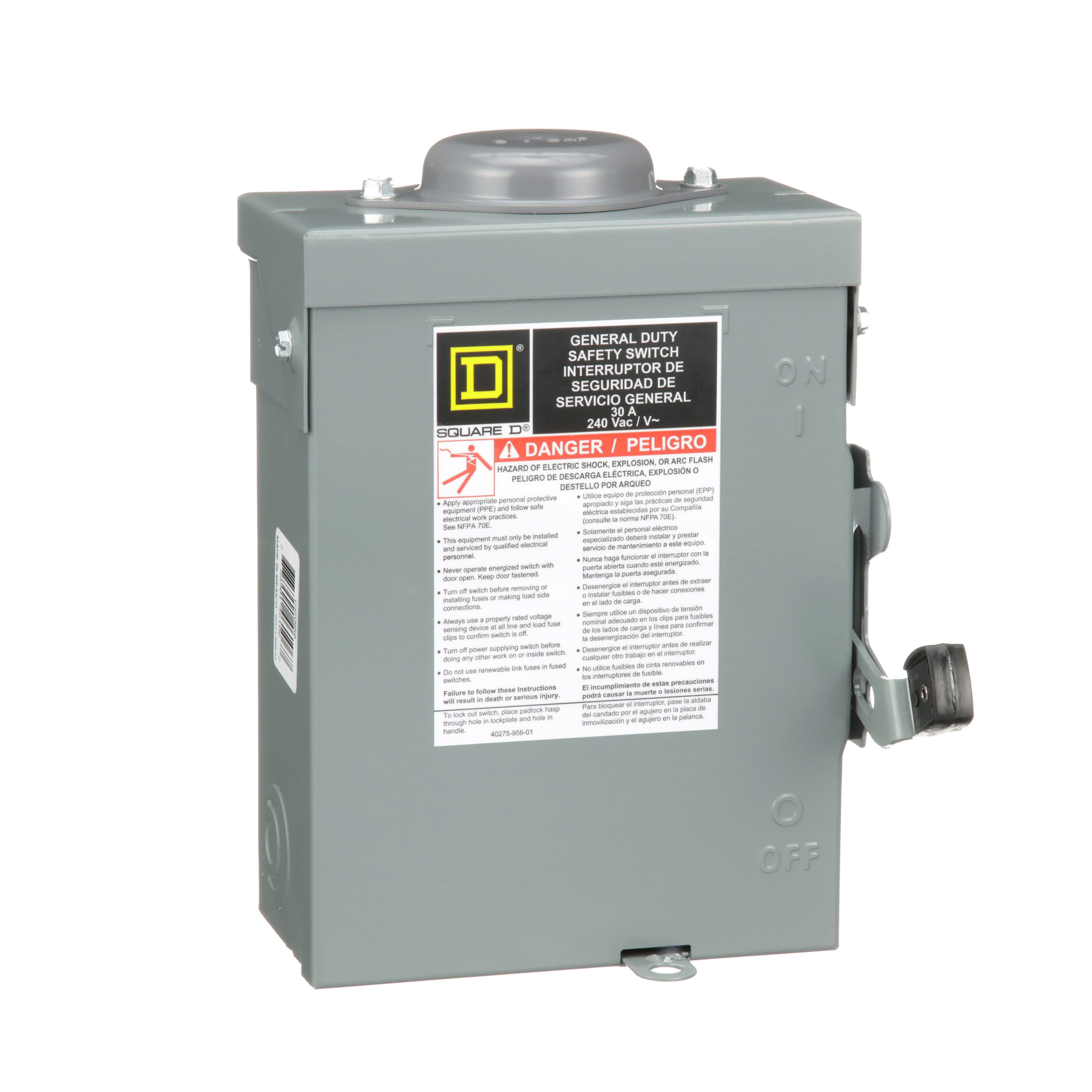 D321NRB - Safety switch, general duty, fusible, 30A, 3 pole, 7.5hp, 240VAC, NEMA 3R, bolt on provision, neutral factory installed