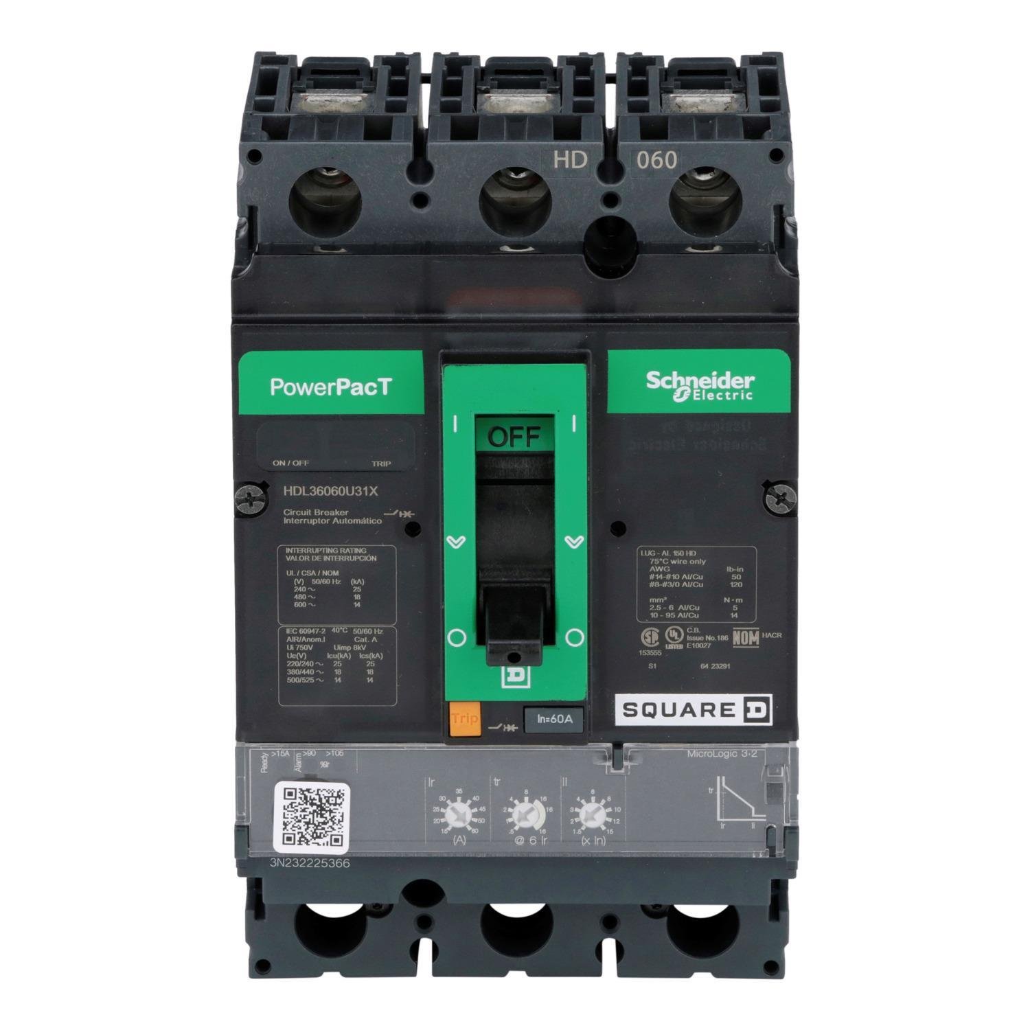 HDL36060U31X - Circuit breaker, PowerPacT H, 60A, 3 pole, 600VAC, 14kA, lugs, Micrologic 3.2, 80%