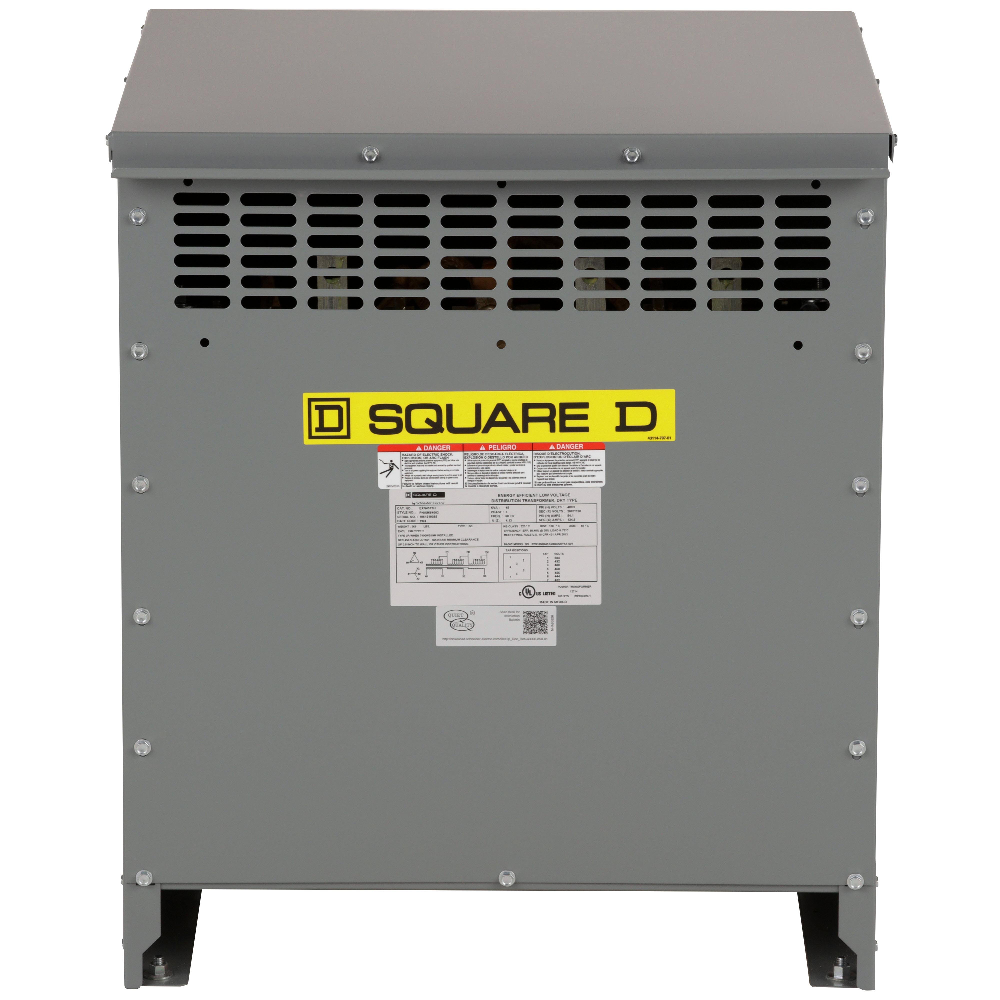EXN45T3H - Transformer, dry type, DOE 2016, 45kVA, 3 phase, 480V delta primary, 208Y/120V secondary, 19M, 150C rise