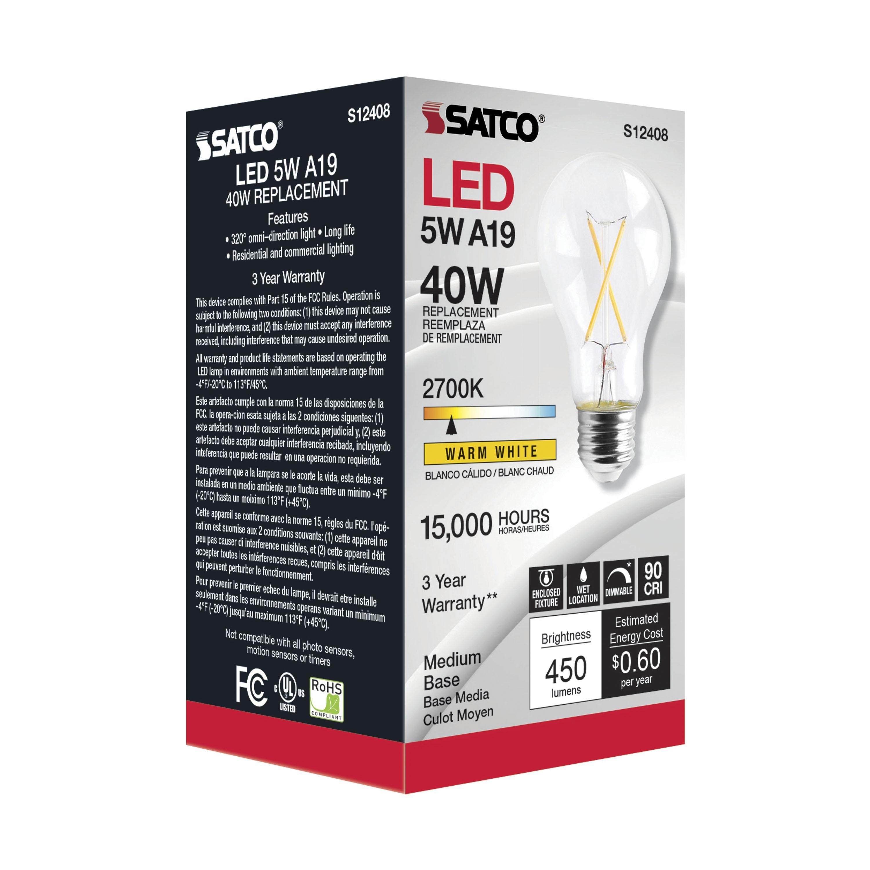 Picture of S12408 - 5 Watt LED A19 - Clear - Medium Base - 2700K - 90 CRI - 120 Volt
